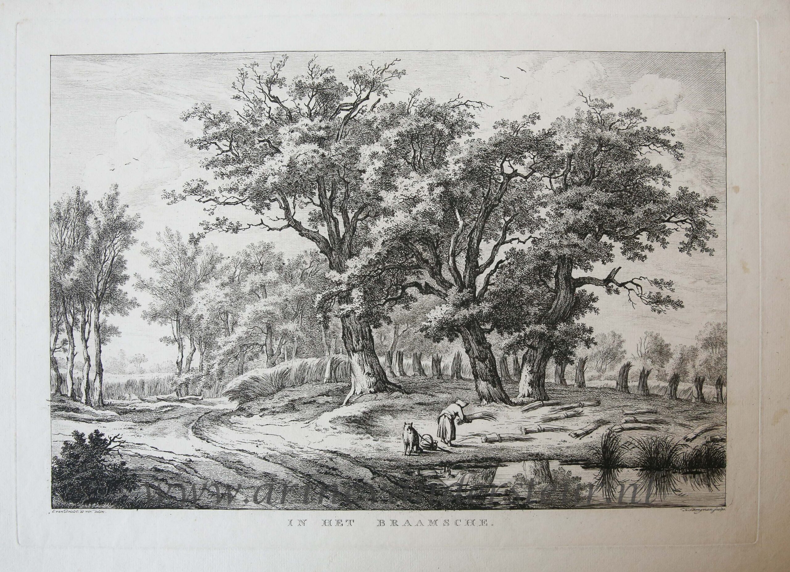 [Antique etching and engraving] E.v. Drielst, after H. Schwegman, IN HET DRAAMSCHE, published before 1800.