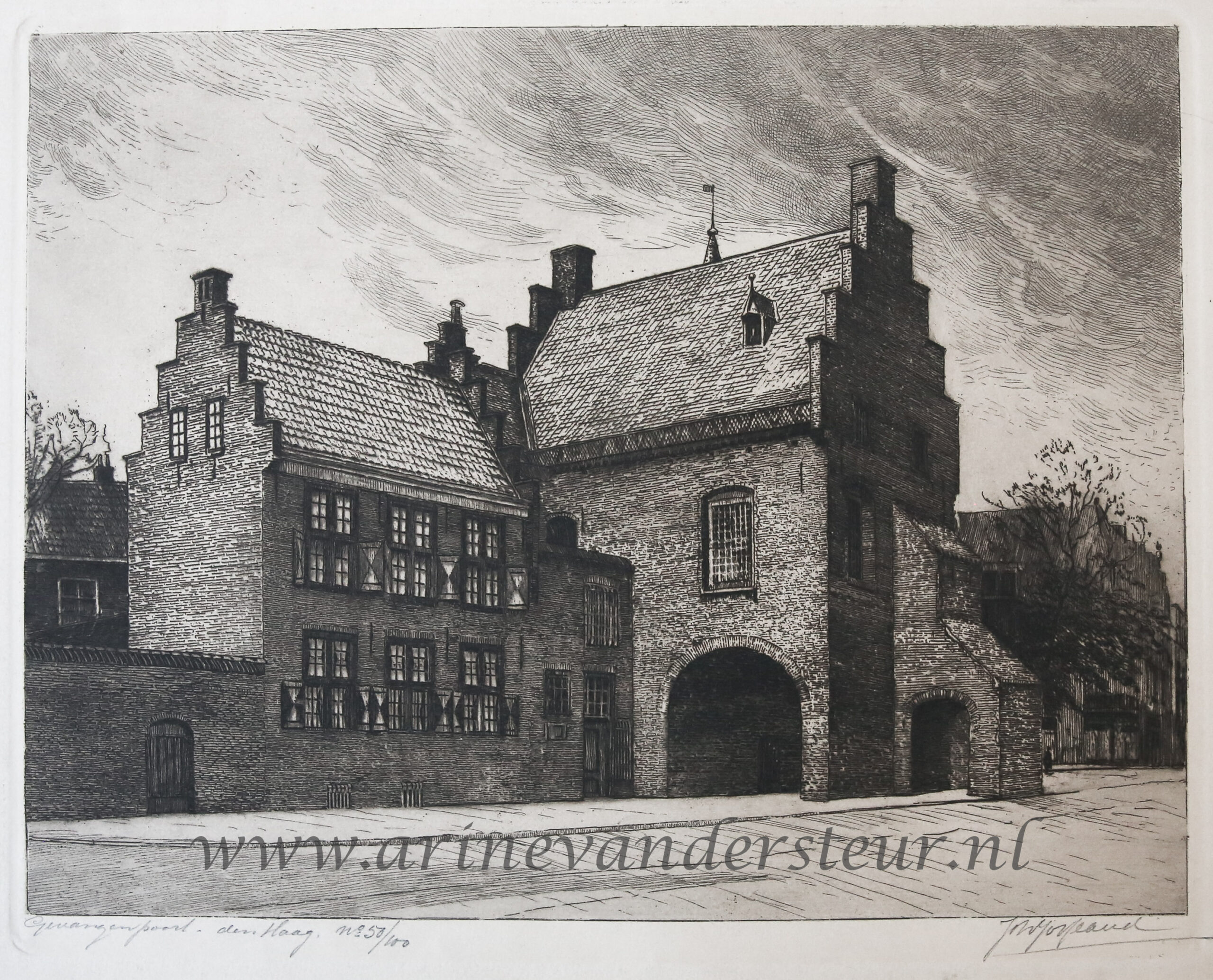  - [Modern print, etching] De Gevangenpoort in The Hague, published ca. 1950.