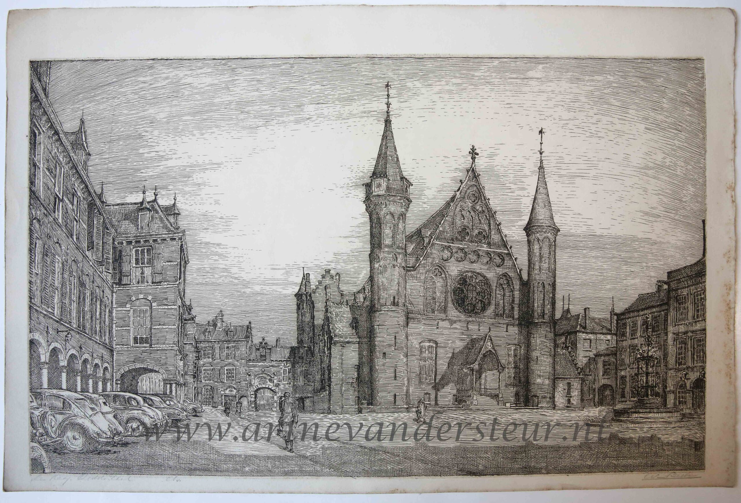  - [Modern print, etching] De Ridderzaal in The Hague/Binnenhof Den Haag, published ca. 1960.