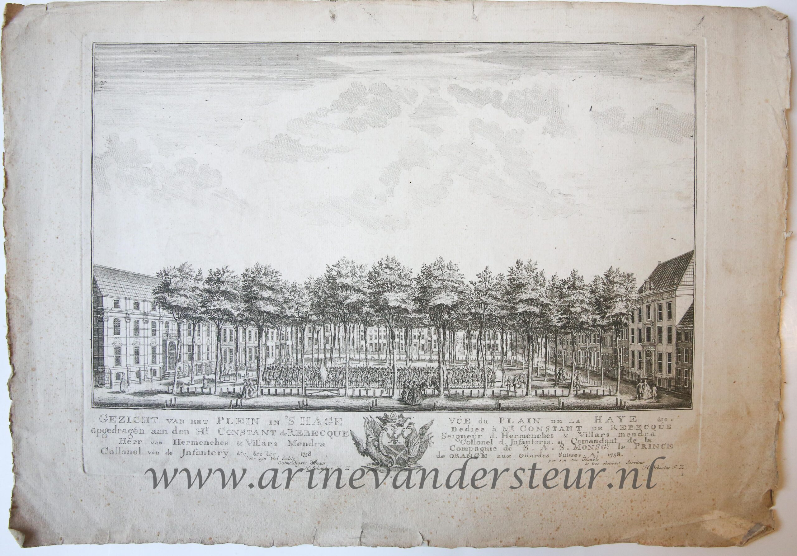 [Antique print, etching] GEZICHT VAN HET PLEIN IN 'S HAGE. Published 1758.