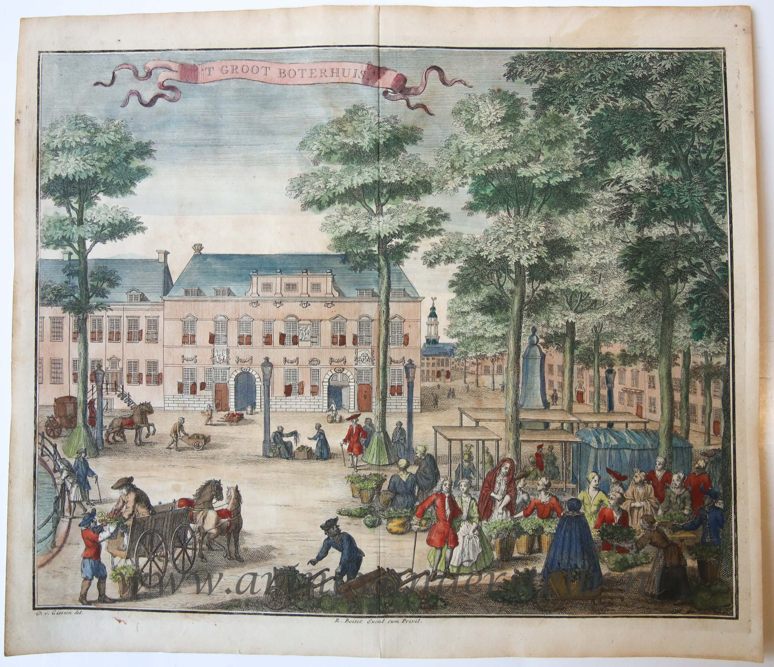 Gerrit van Giessen (1692/3-ca. 1750) - [Antique print, handcolored etching] 'T GROOT BOTERHUIS, published ca. 1735.