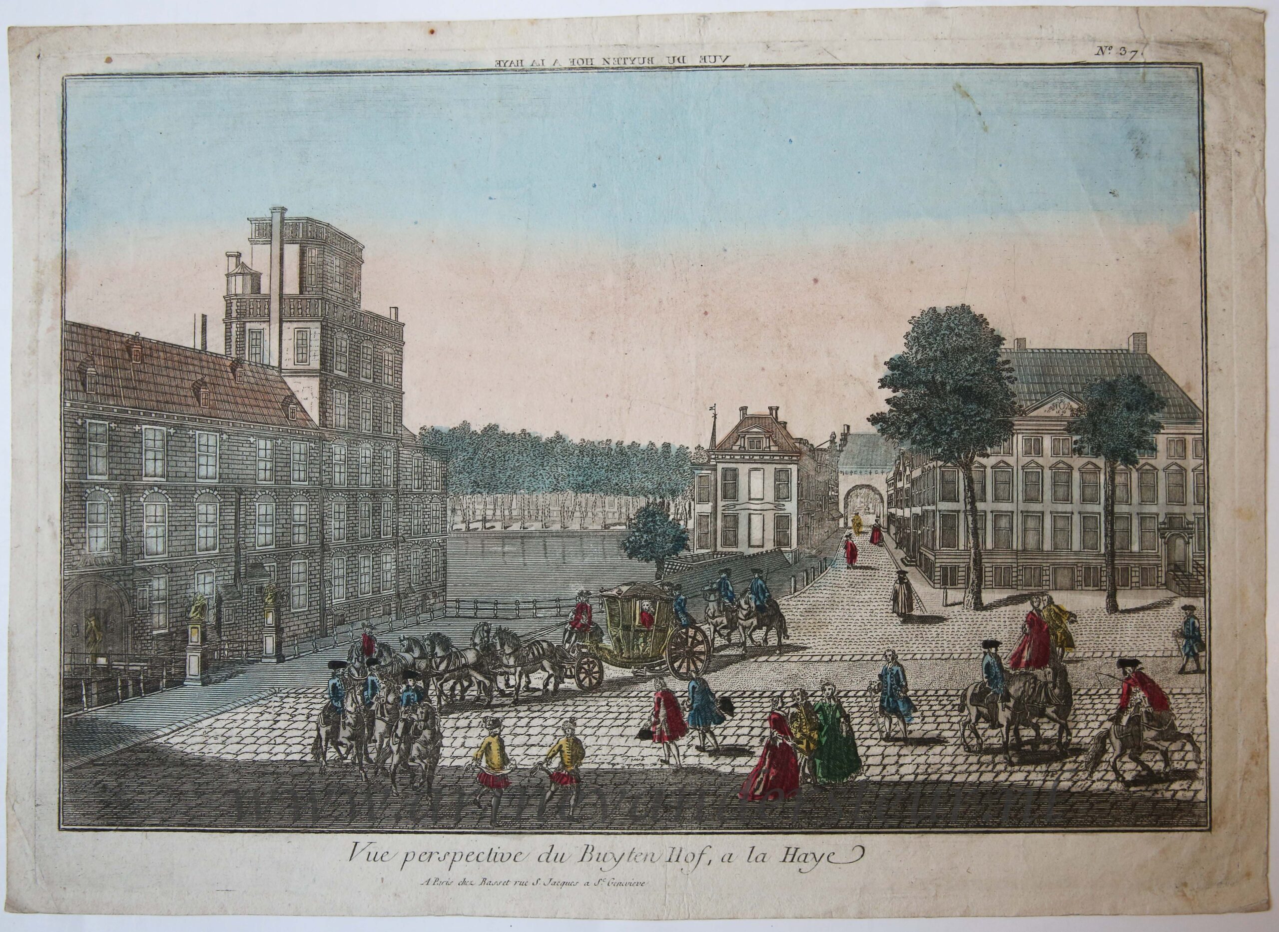 [Handcolored Opticaprent/Optical view The Hague/Den Haag] Vue perspective du Buyten Hof, a la Haye (Buitenhof Den Haag), published ca. 1770.