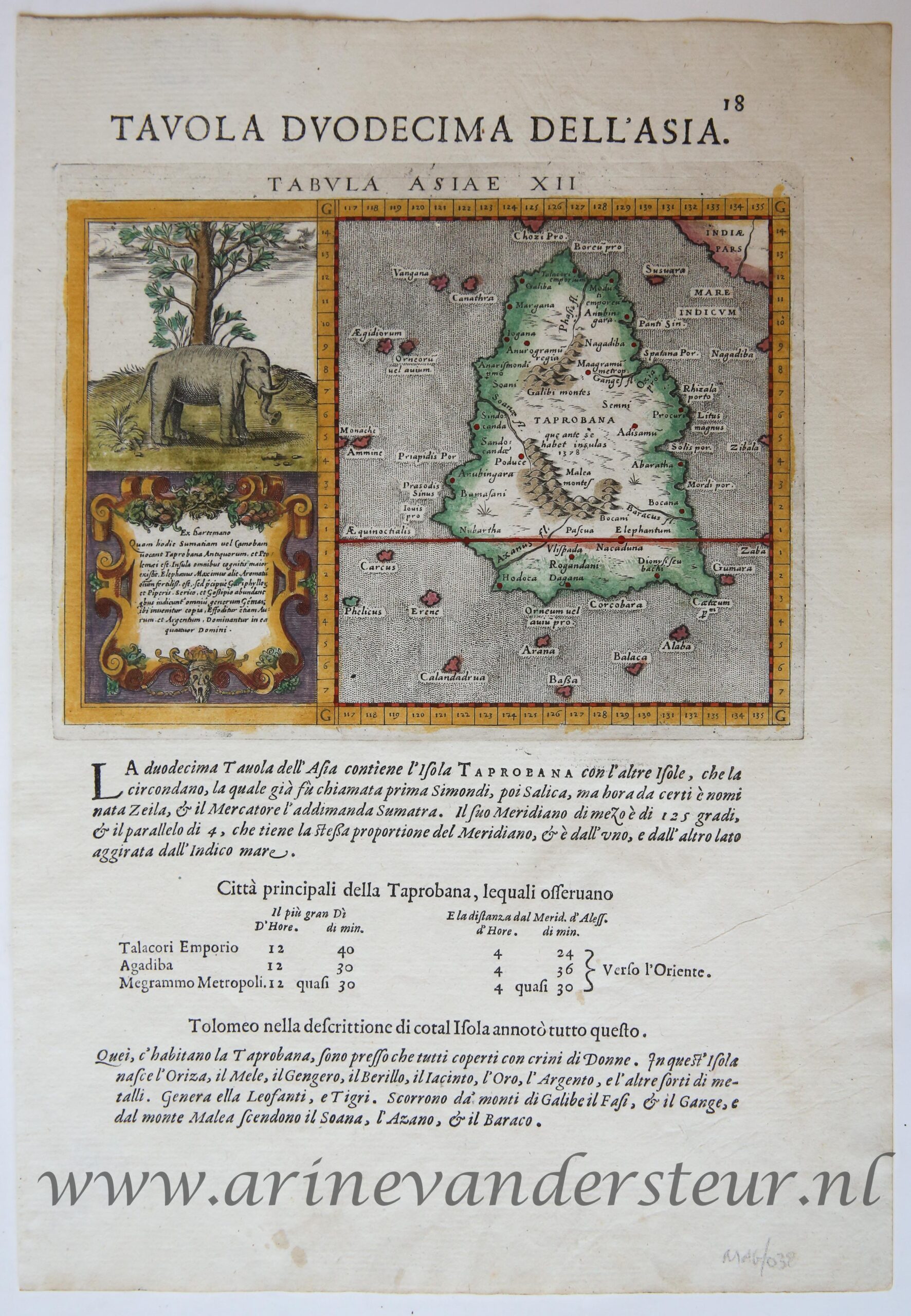 [Antique print, handcolored etching] Sri Lanka / TAVOLA DVODECIMA DELL'ASIA. Published 1598, 1 p.