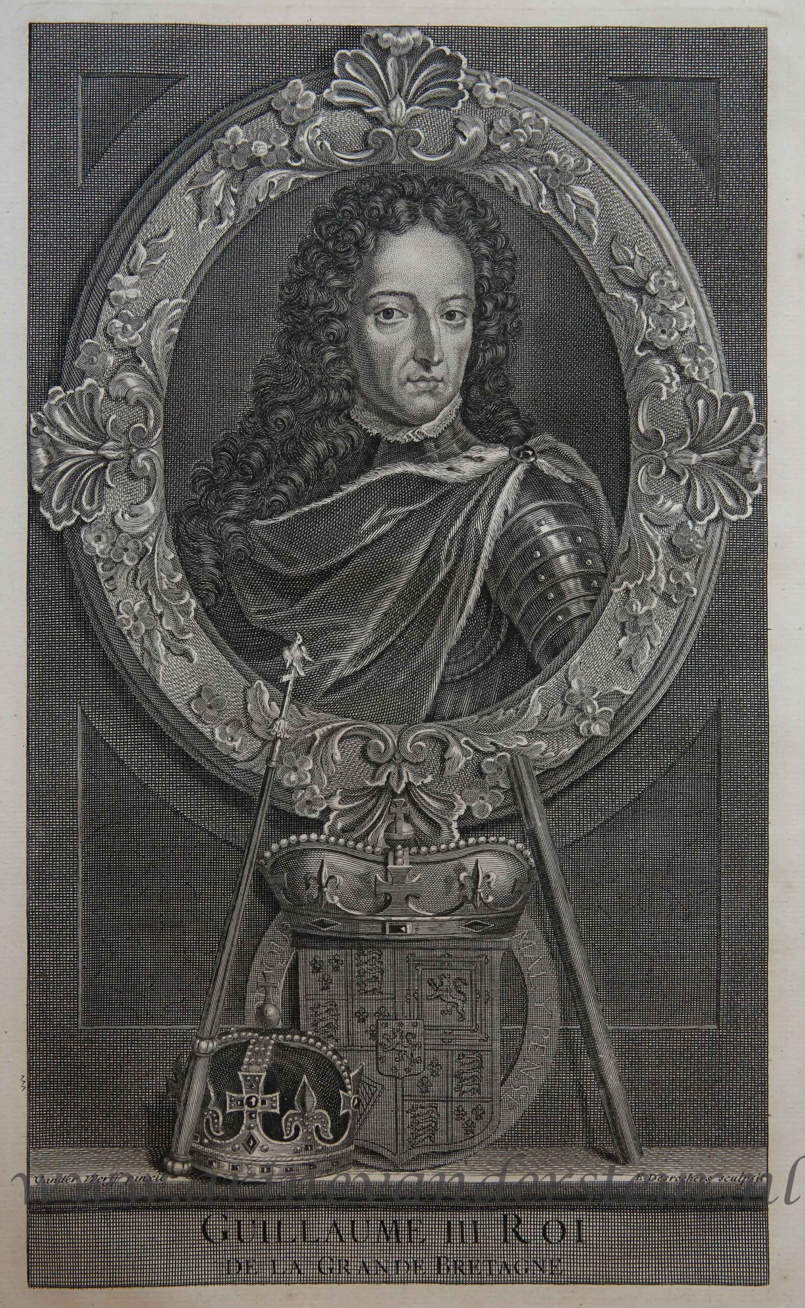 Etienne Desrocher (1668-1741), after Adriaen van de Werff (1659-1722) - [Antique print; engraving] GUILLAUME III ROI DE LA GRANDE BRETAGNE (Willem de derde, koning van Bretagne), published ca. 1730.