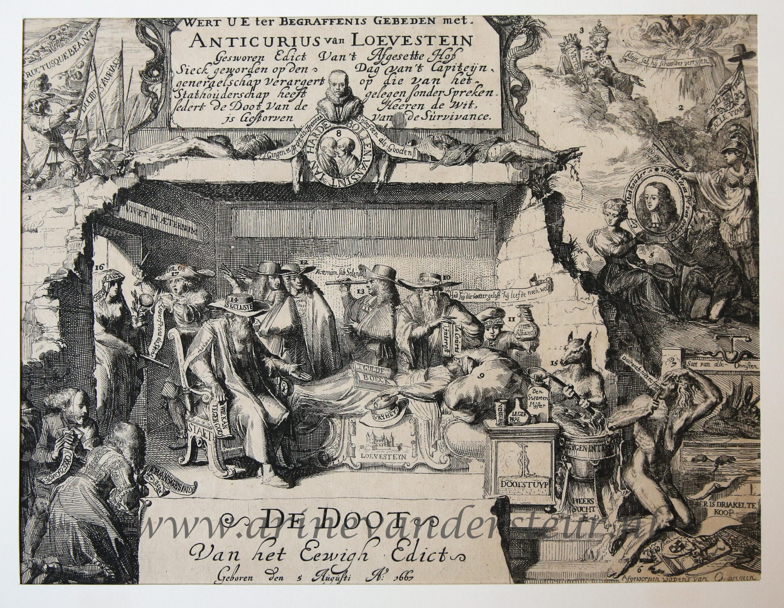 [Antique print; etching] De Doot Van het Eewigh Edict (de dood van het eeuwig edict), published 1674.