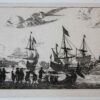 [Antique print, etching] Harbour scene with a sloop and men on a landing-place, published after 1656.