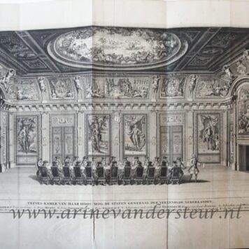 [Antique print; etching and engraving] Treves-kamer van haar hoog mog. De Staten Generaal der Vereenigde Nederlanden (Trêveszaal Den Haag), published ca. 1730.