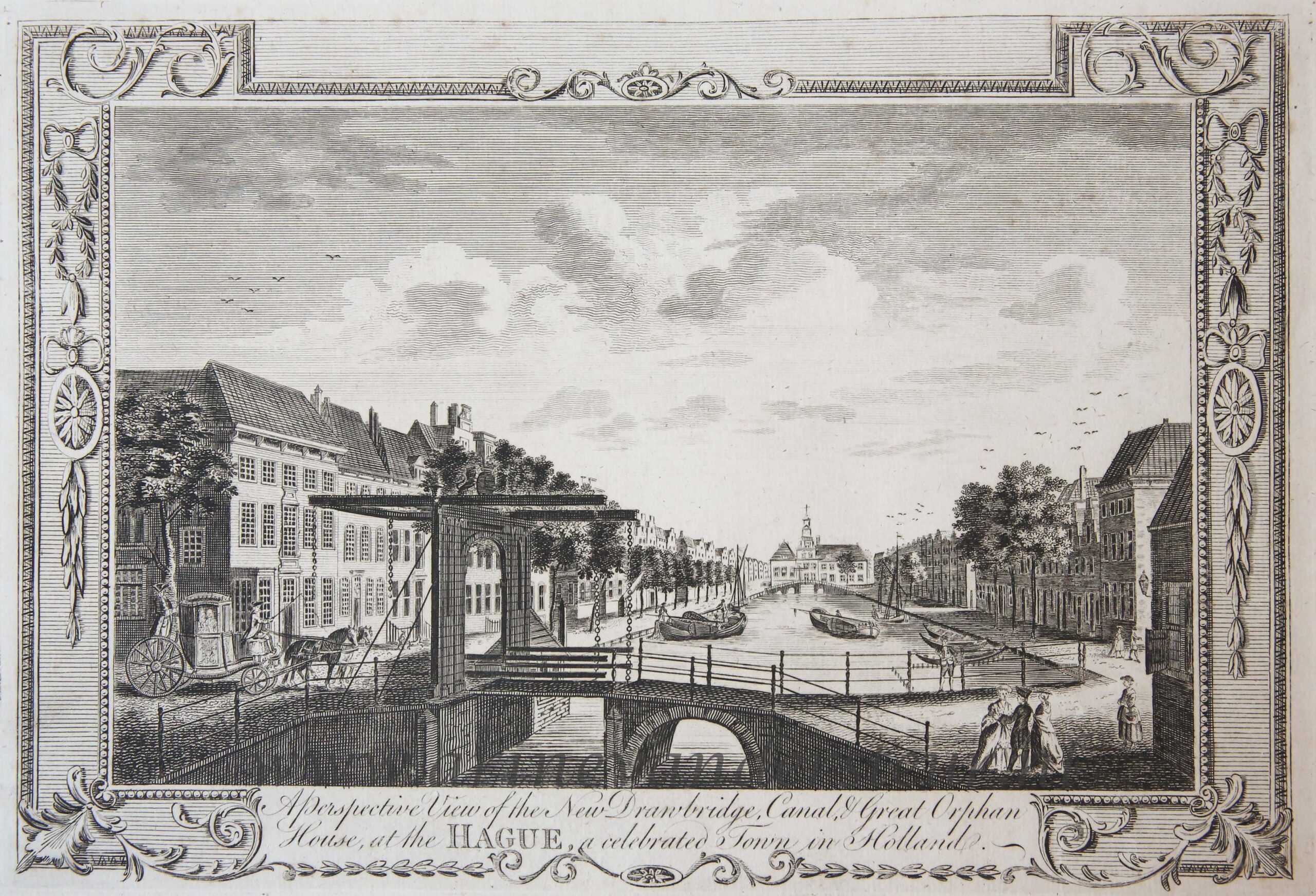  - [Antique print, etching] A Perspective View of the New Drawbridge Canal and Great Orphan House at The HAGUE a celebrated Town in Holland (Bierkade Den Haag), published 1782.