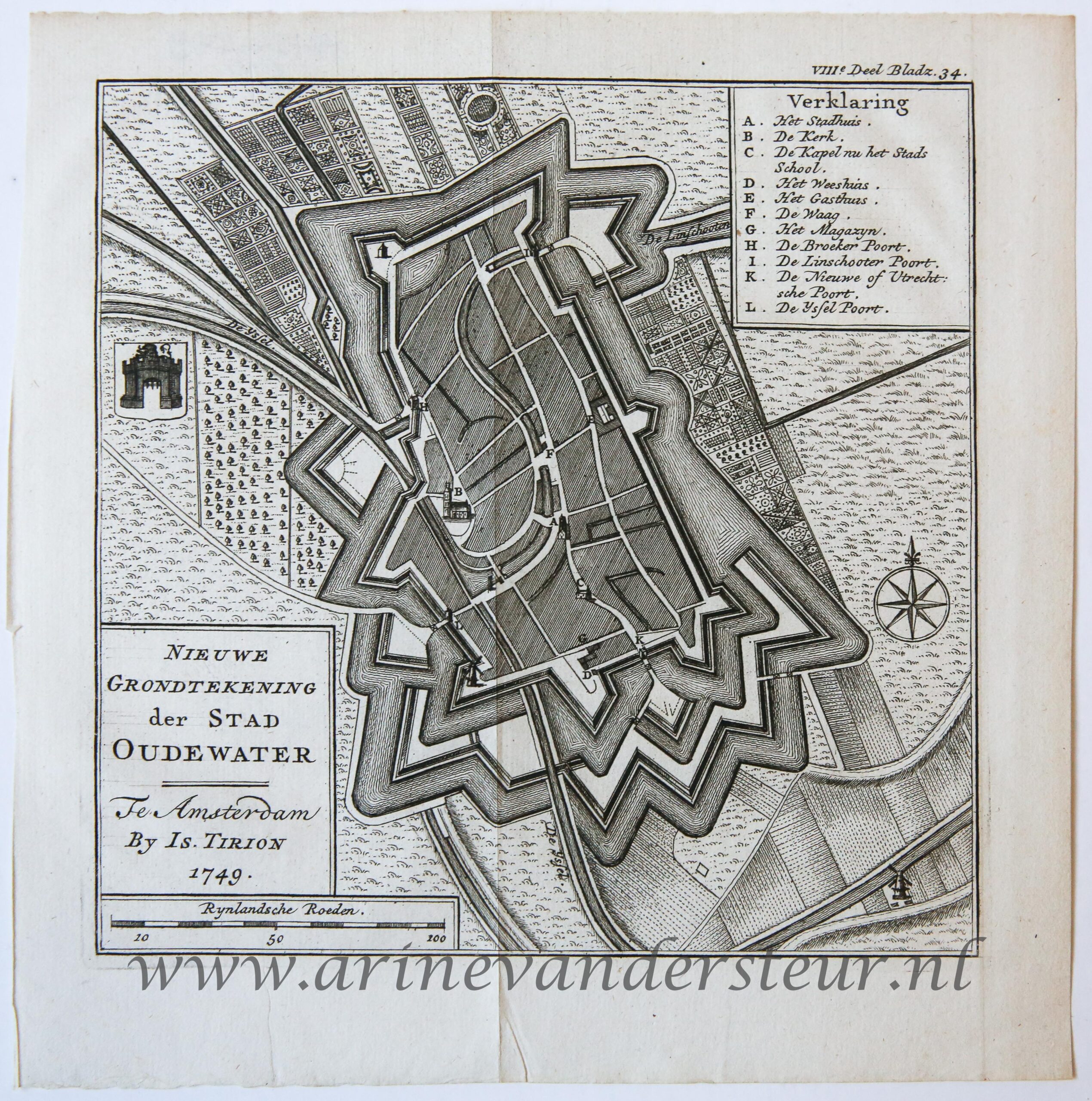 [Cartography, antique print, etching] Map of Oudewater (Oude kaart van Oudewater), published 1749.