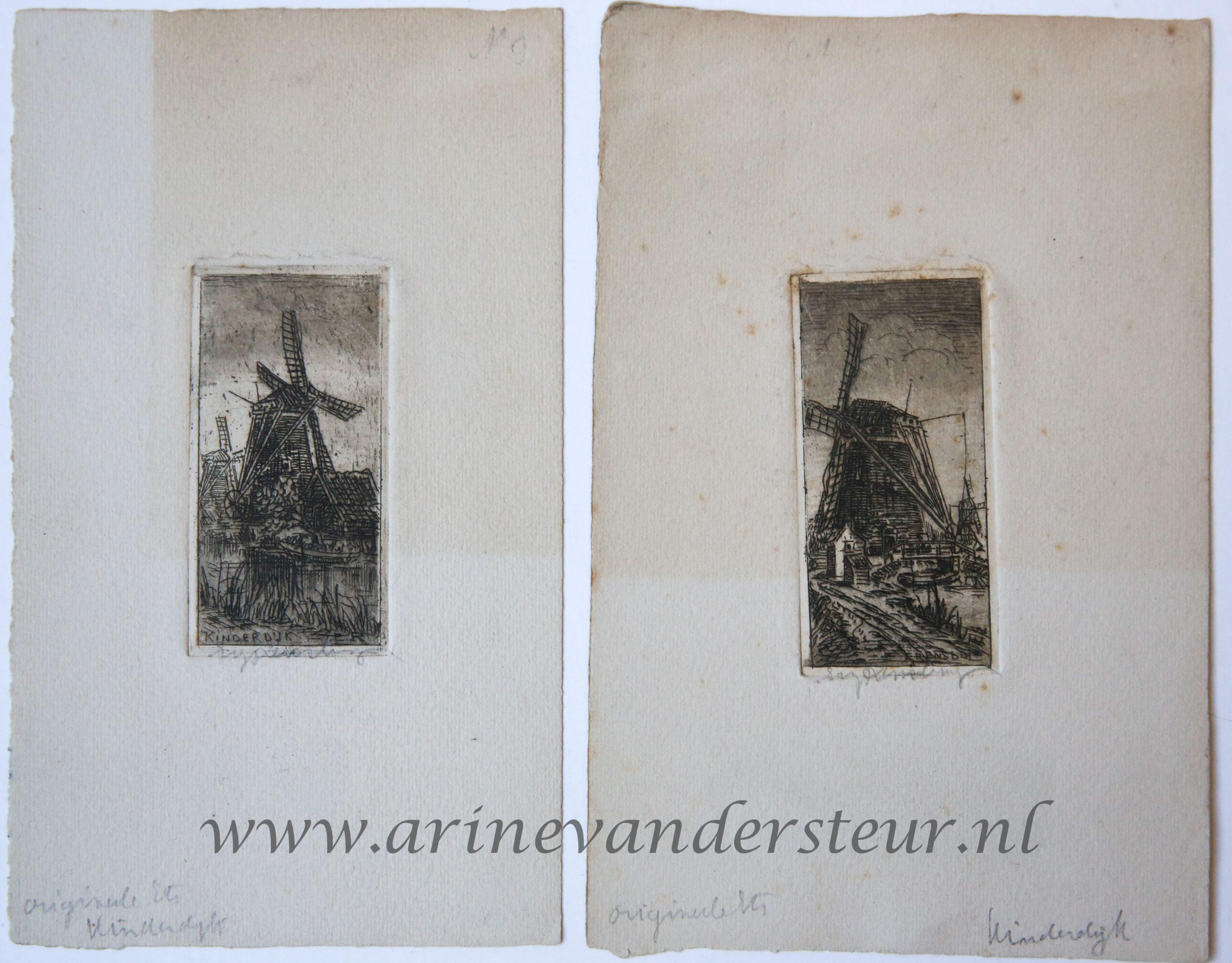 [Two modern prints; etchings] Mills at Kinderdijk (molens in Kinderdijk), published before 1950.