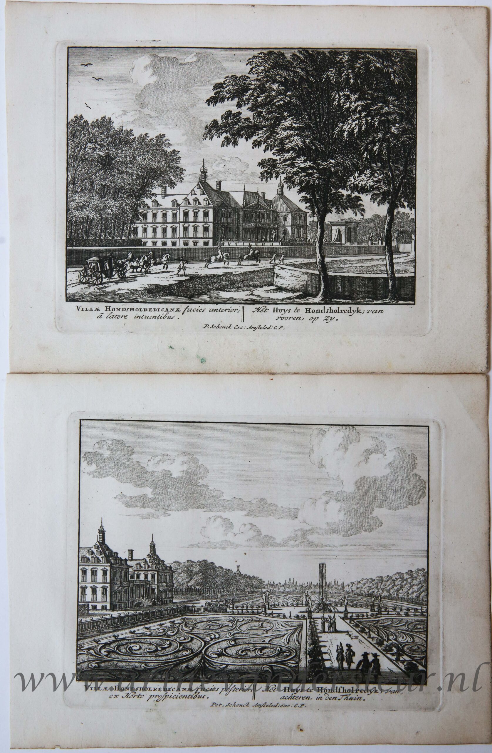 [Two antique prints, etchings] Het Huys te Hondsholredyk (Huis Honselaarsdijk te Honselersdijk), from Admirandorum quadruplex Spectaculum, published ca. 1694-97.