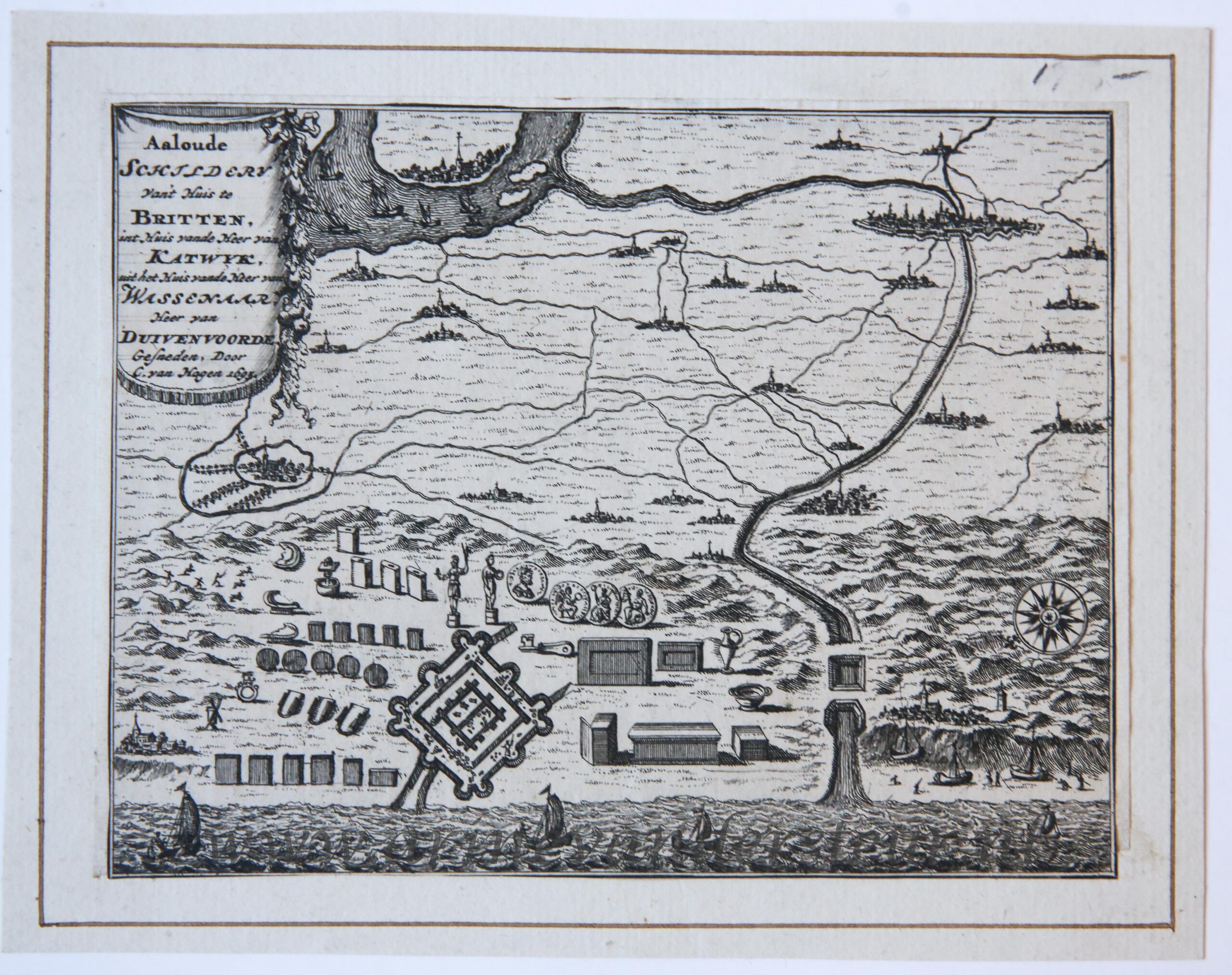 [Antique print, etching] Arx Brittanica/Gezicht op Brittenburg bij Katwijk, published 1695.