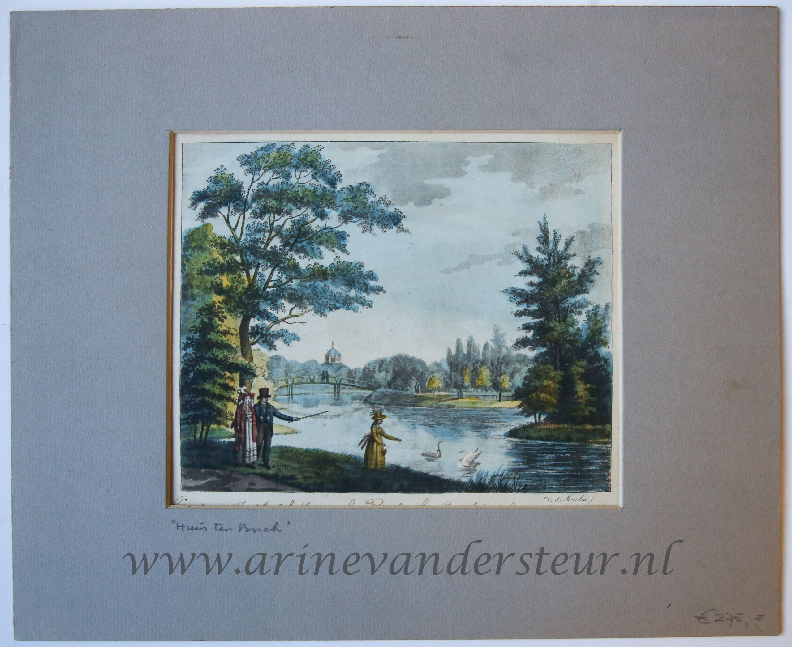 [Antique print, handcolored aquatint] Gezigt op de Zwitsersche brug (Haagse bos, The Hague), published ca. 1824-1830.