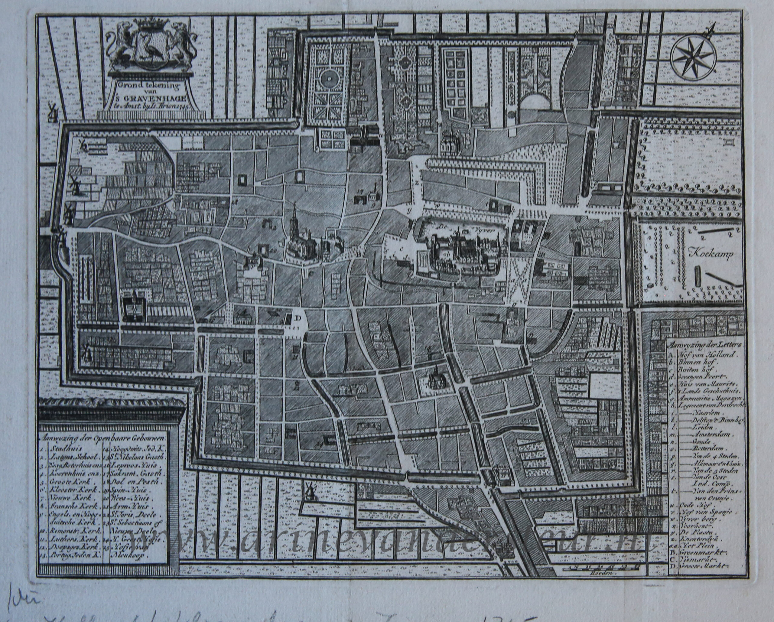 [Cartography, antique print, etching] Platte Gront van s GRAVENHAGE (plattegrond van Den Haag), published 1745.