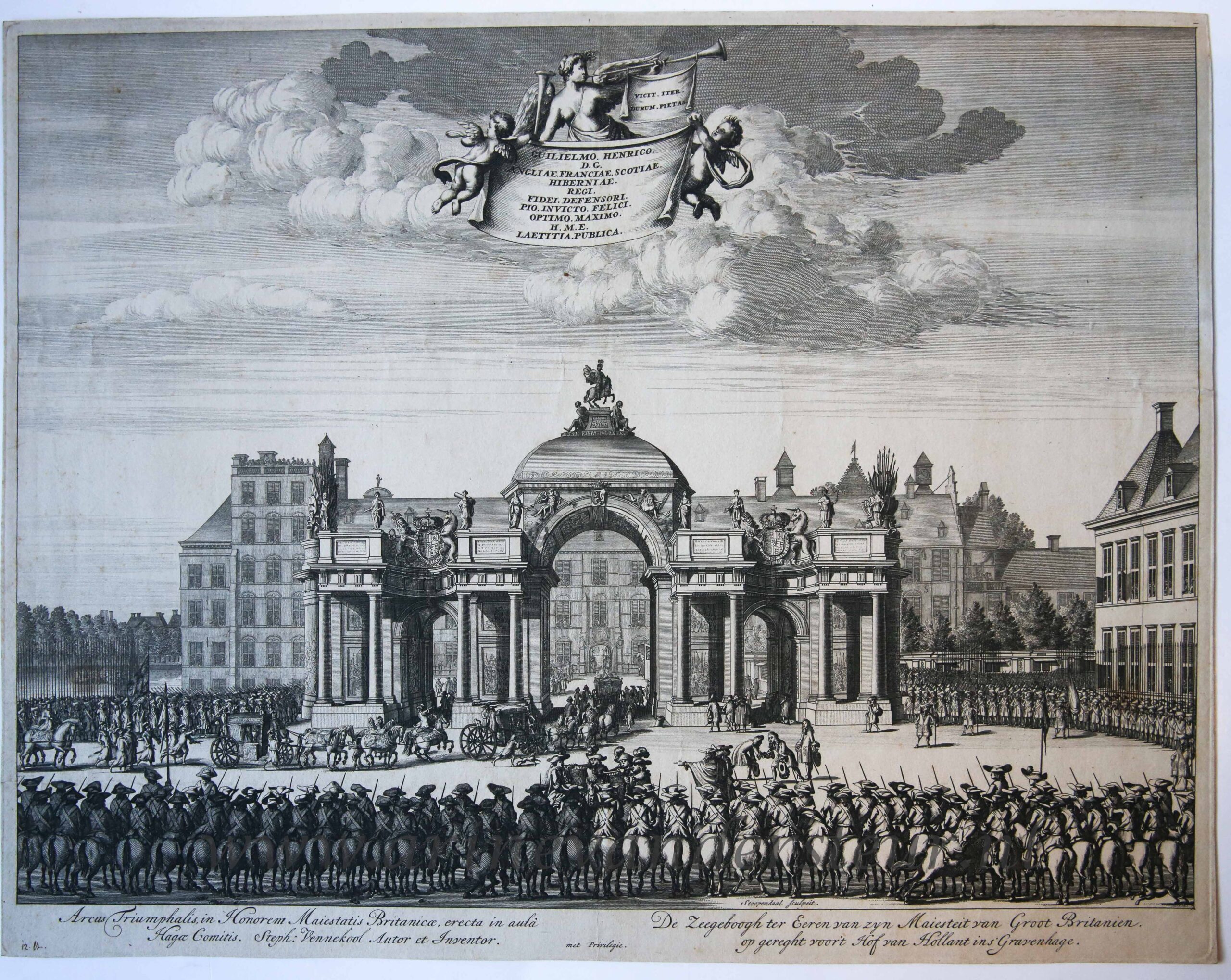 [Antique print, etching] Entrance of William III in The Hague (Binnenkomst Willem III in Den Haag), published 1691.