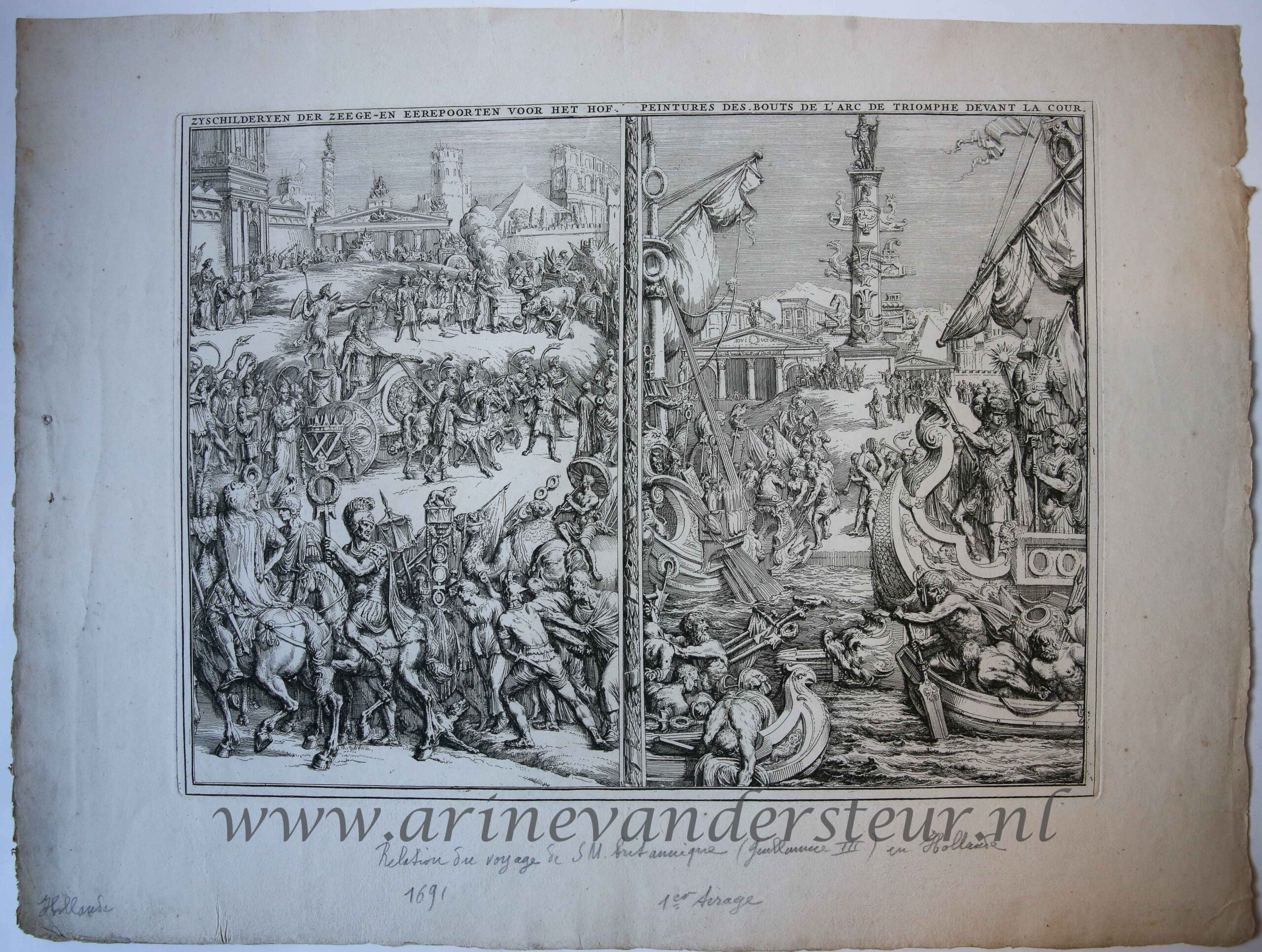 [Antique print, etching, 1691] Panels decorating a triumphal arch for the entrance of William III in The Hague, published 1691, 1 p.