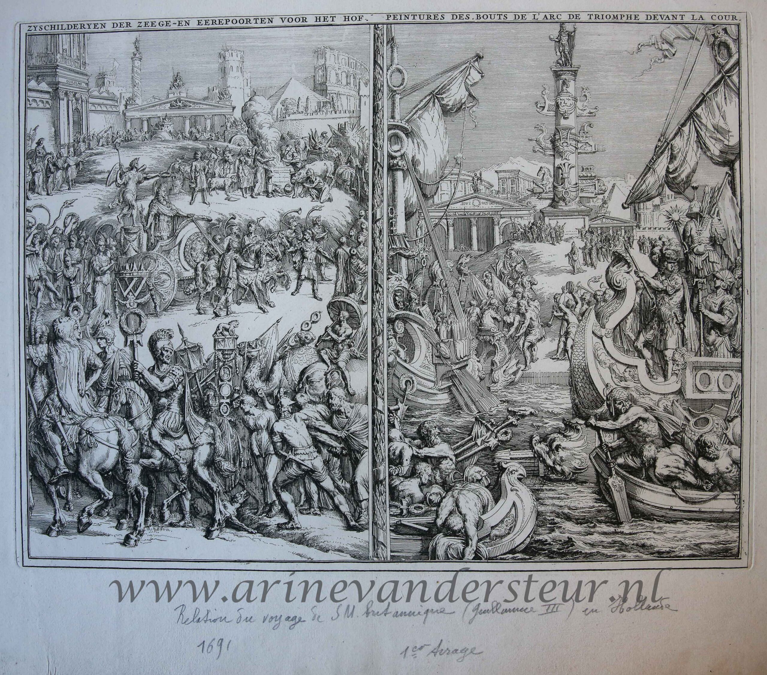 [Antique print, etching, 1691] Panels decorating a triumphal arch for the entrance of William III in The Hague, published 1691, 1 p.