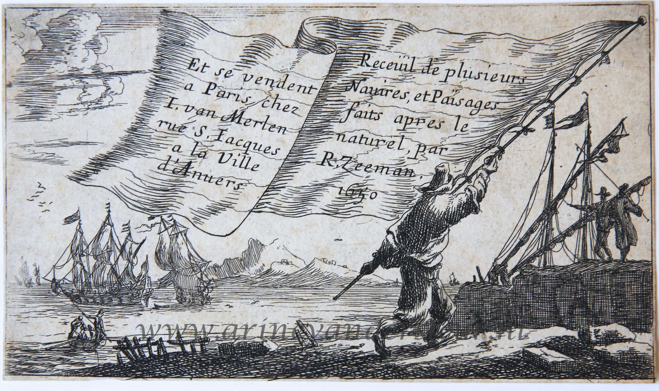 [Antique print, etching] Sailor walking with a large flag, published 1650.