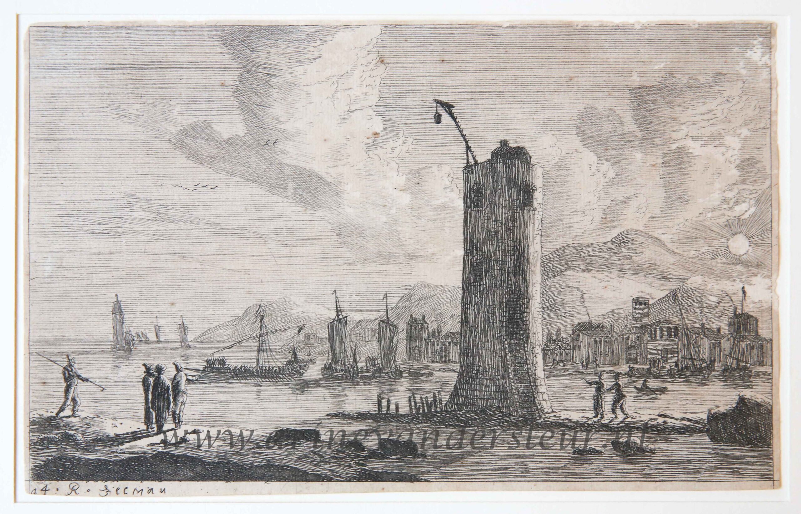 [Antique print, etching] Harbour scene with a tower, published in or after 1656.