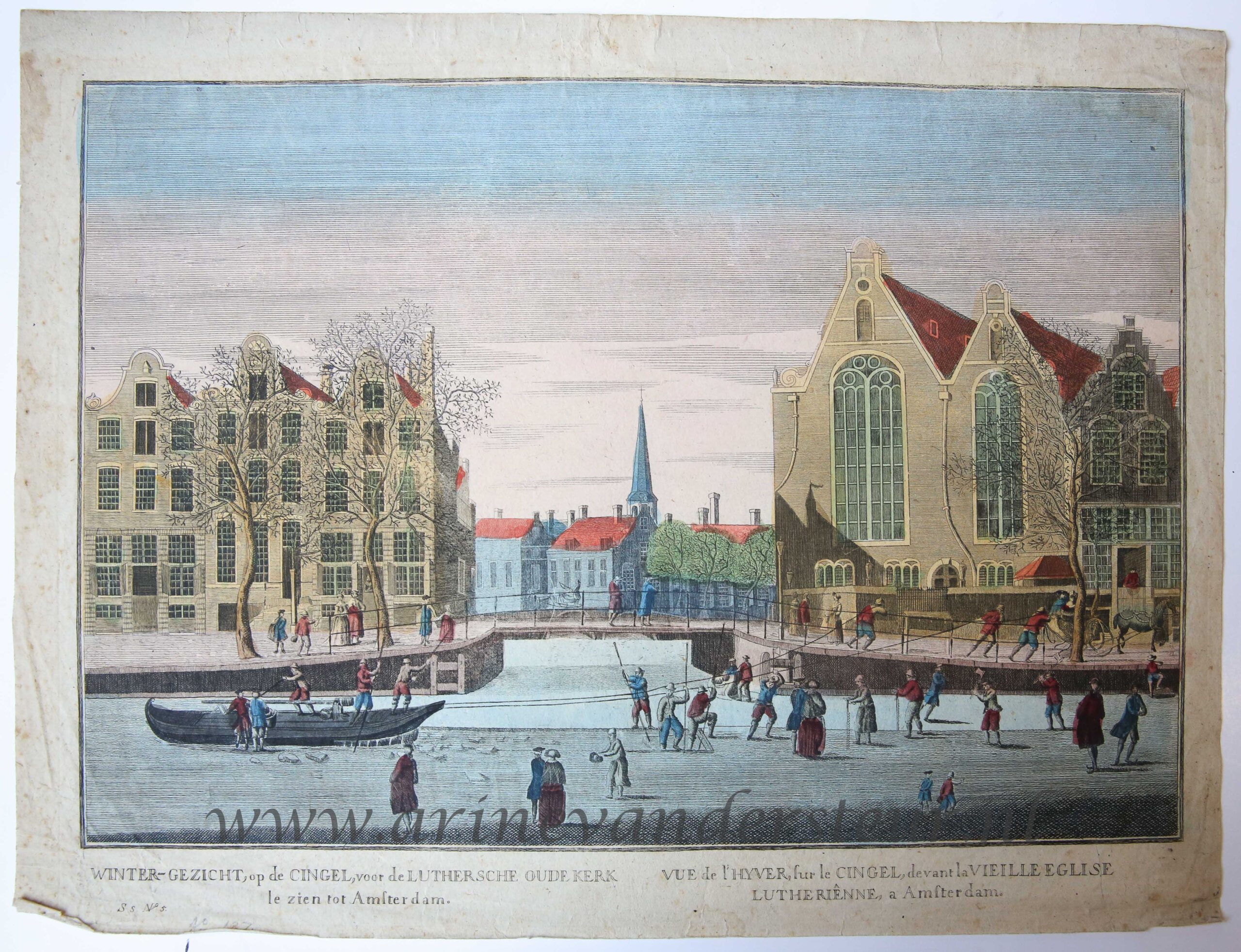 [Optica print, handcolored etching] Winter-gezicht op de Cingel voor de Luthersche Oudekerk te zien tot Amsterdam, published ca. 1790.