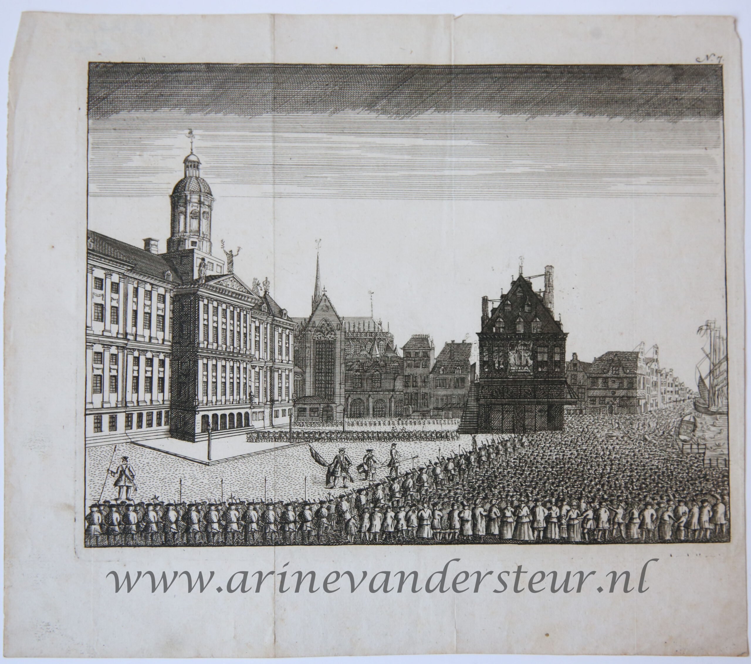 [Antique print, etching] Executions and riots on Dam Square in 1748 (executie op de dam Amsterdam), published 1749.