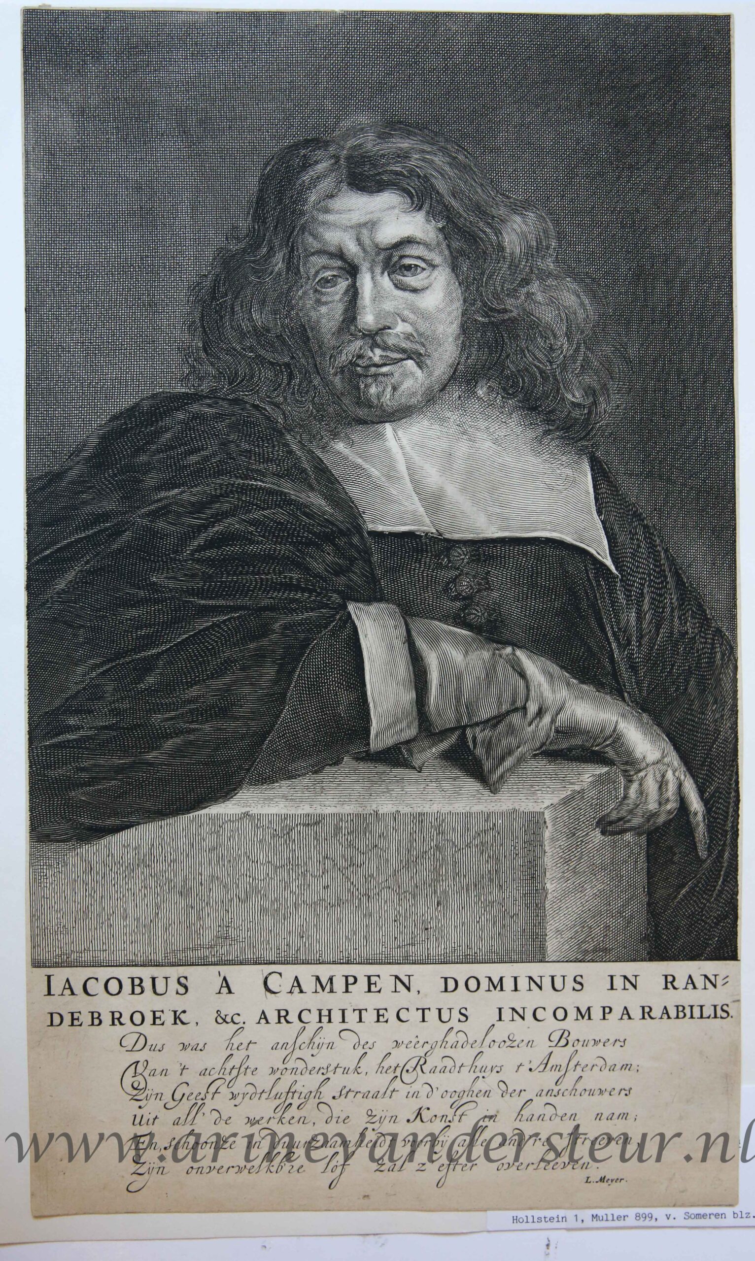 [Antique print, engraving]Portrait print of architect IACOBUS Á CAMPEN ( Portretprent van architect Jacob van Campen), published in 1661.