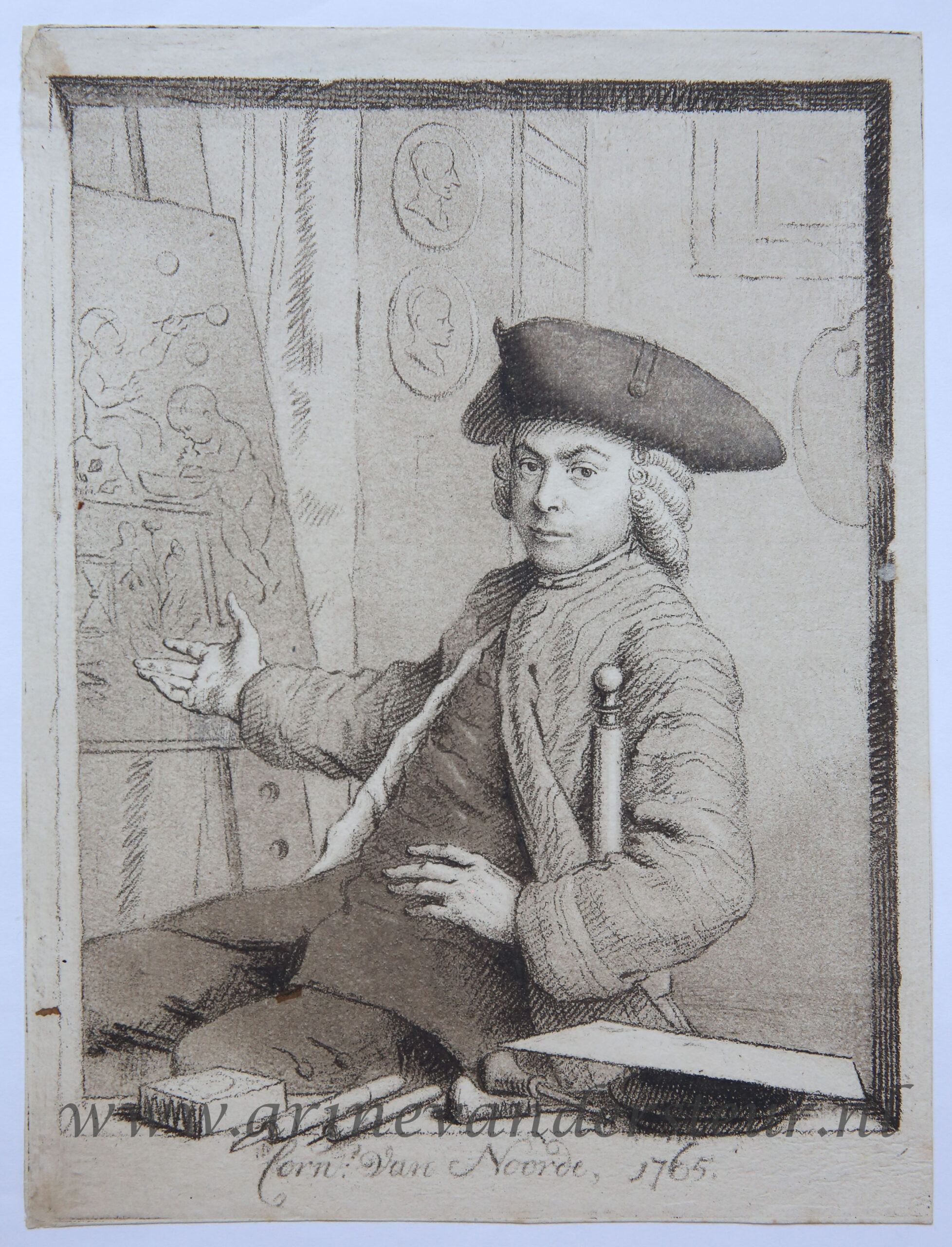 [Antique print, etching in crayonmanier] Self portrait of Cornelis van Noorde, published 1765.