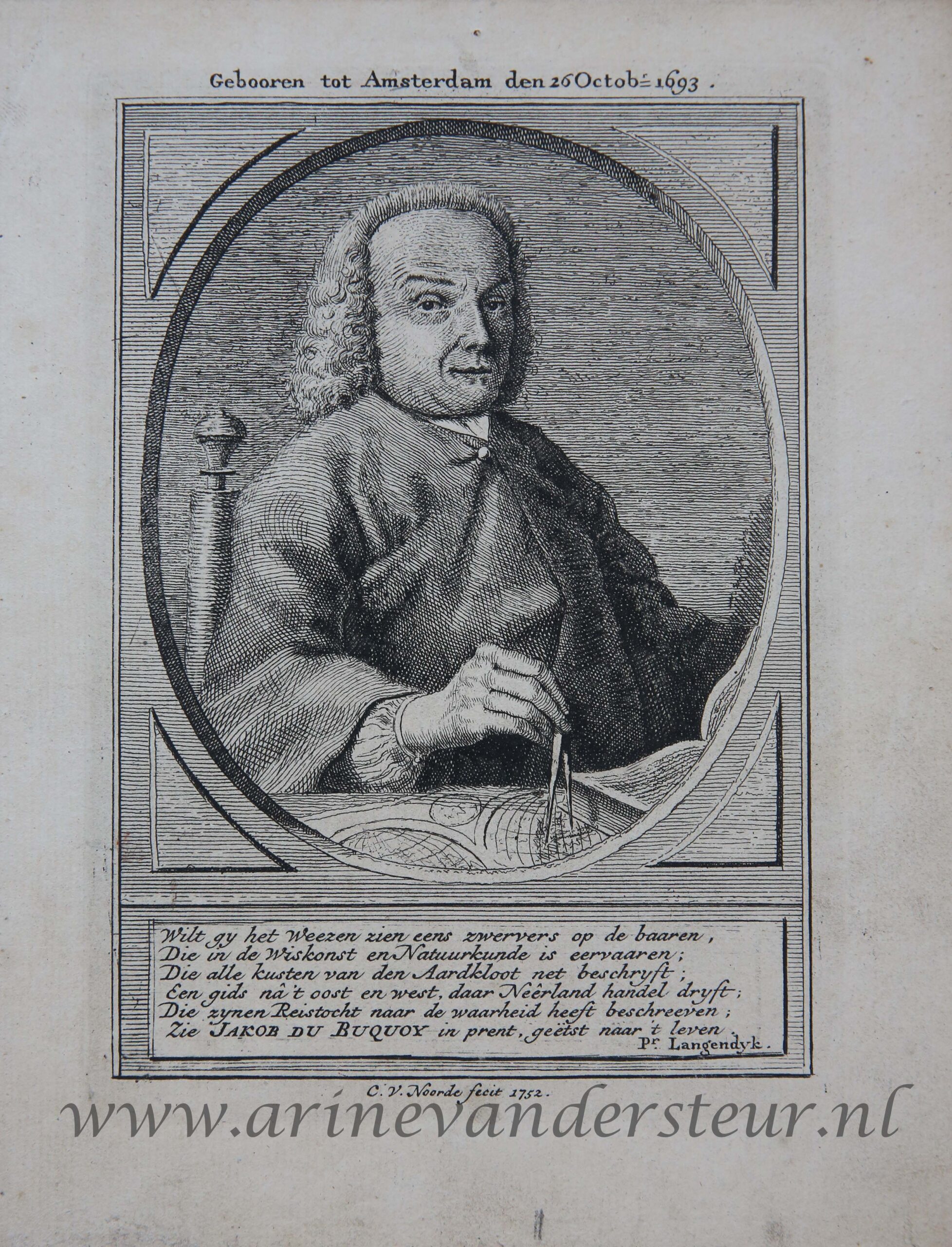 [Antique print, etching and engraving] Portrait of chartographer (chartograaf) Jacob de Bucquoy, published 1752.