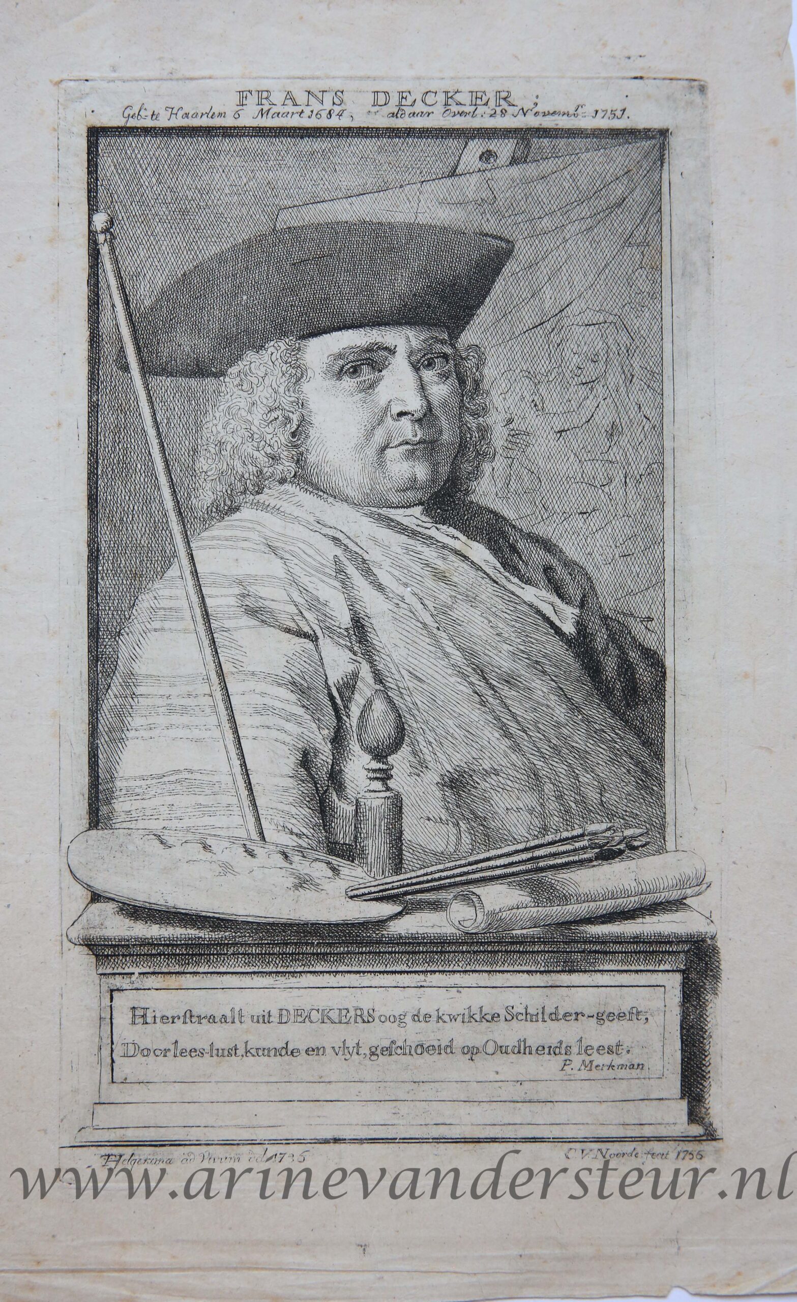[Antique print, etching and engraving] Portrait of painter Frans Decker, published 1756.