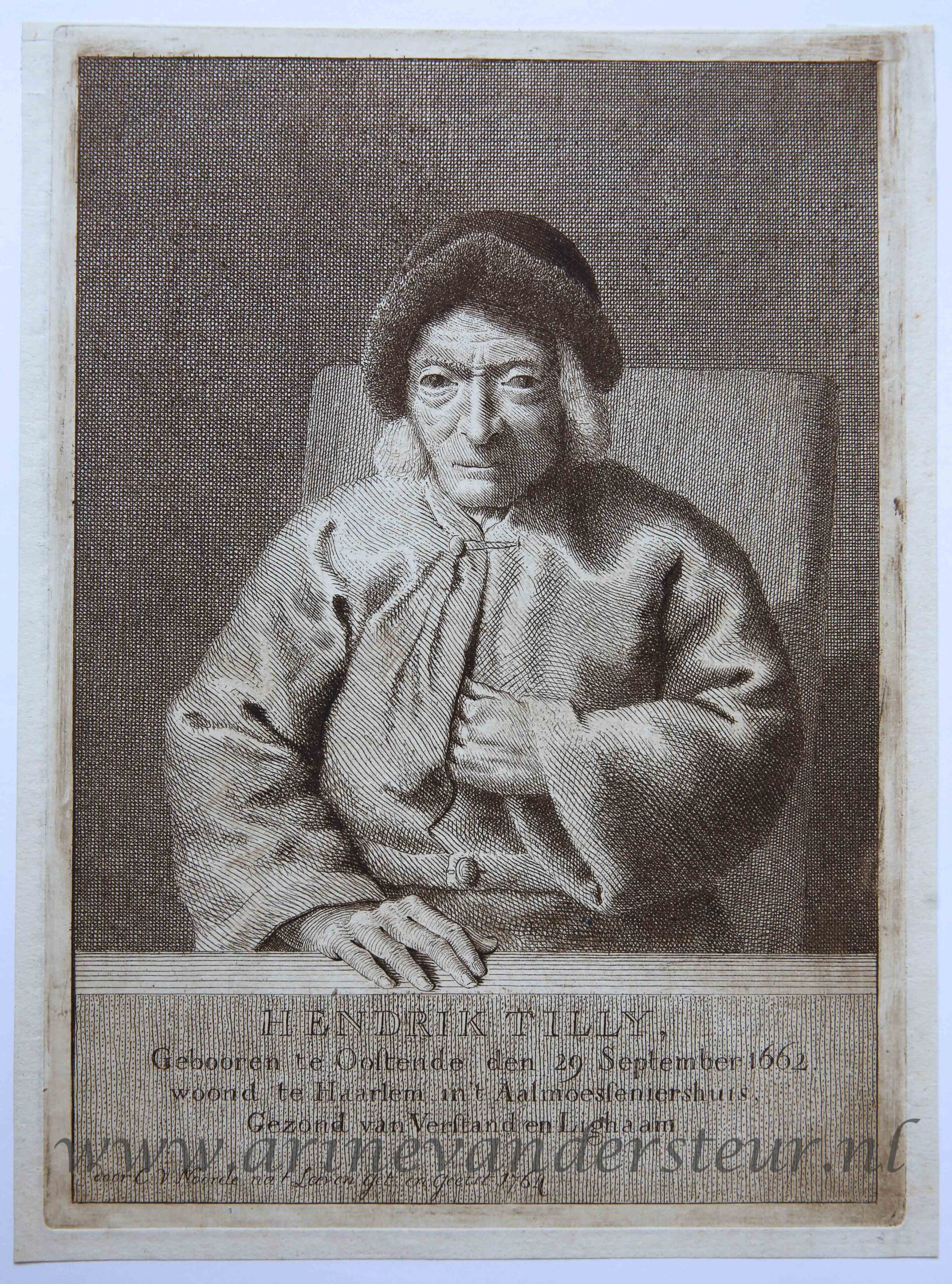 [Antique print, etching and engraving] Portrait of Hendrik Tilly (102-year old), published 1764.