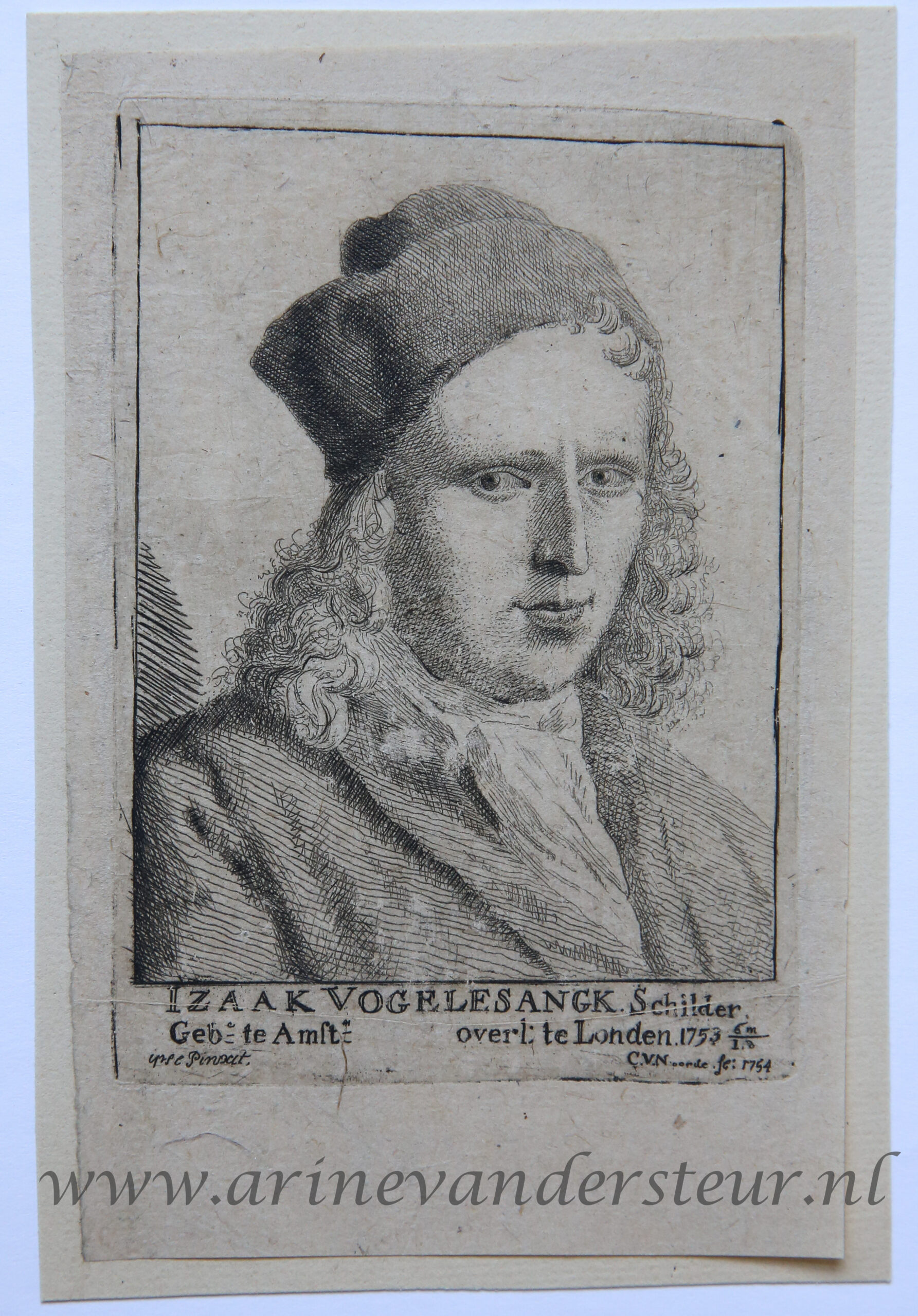[Antique print, etching] Portrait of painter (kunstschilder) Izaak Vogelesangk, published 1754.