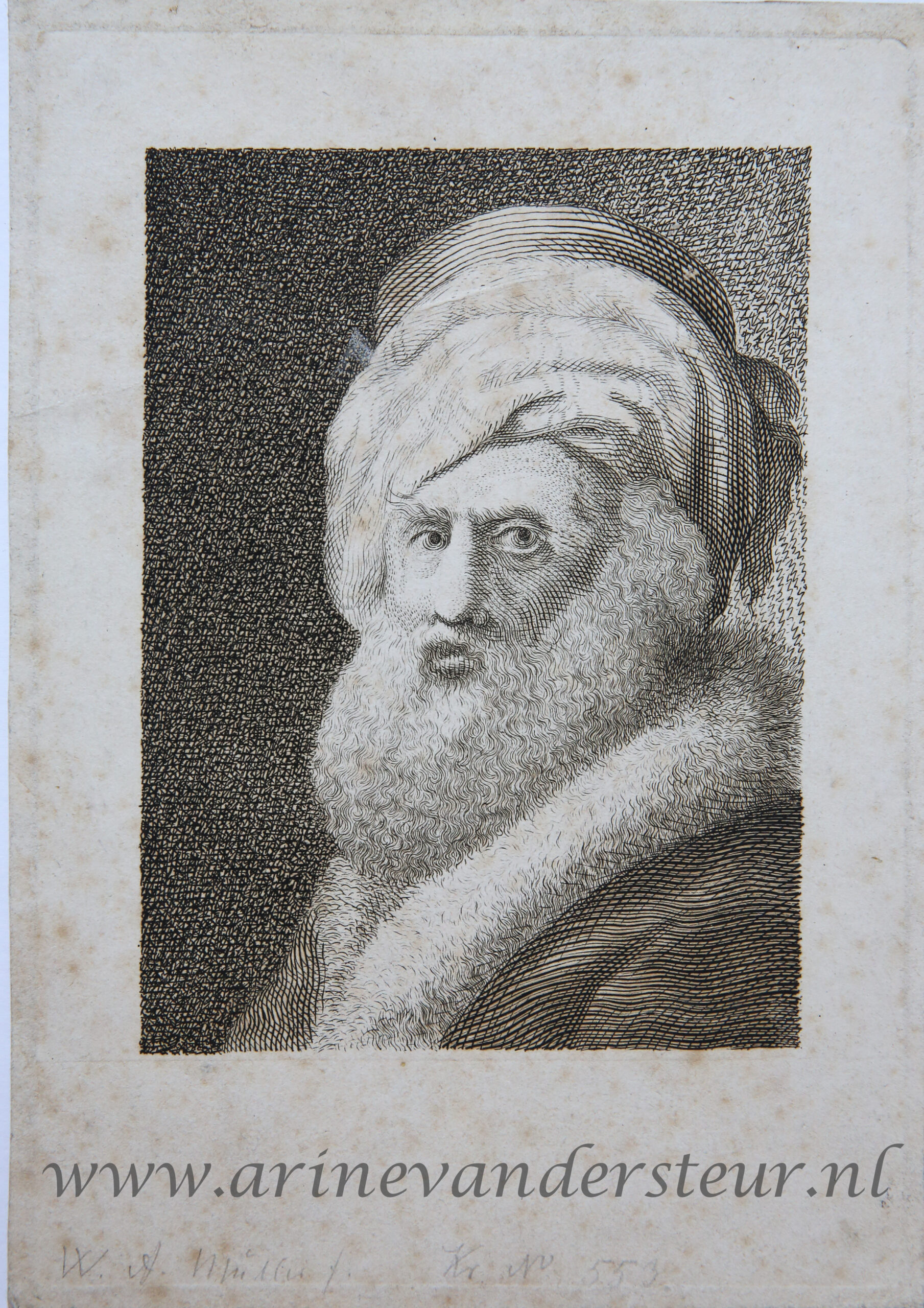[Antique portrait print, engraving] Portrait of a bearded man with turban (bebaarde man met tulband), published ca. 1750.