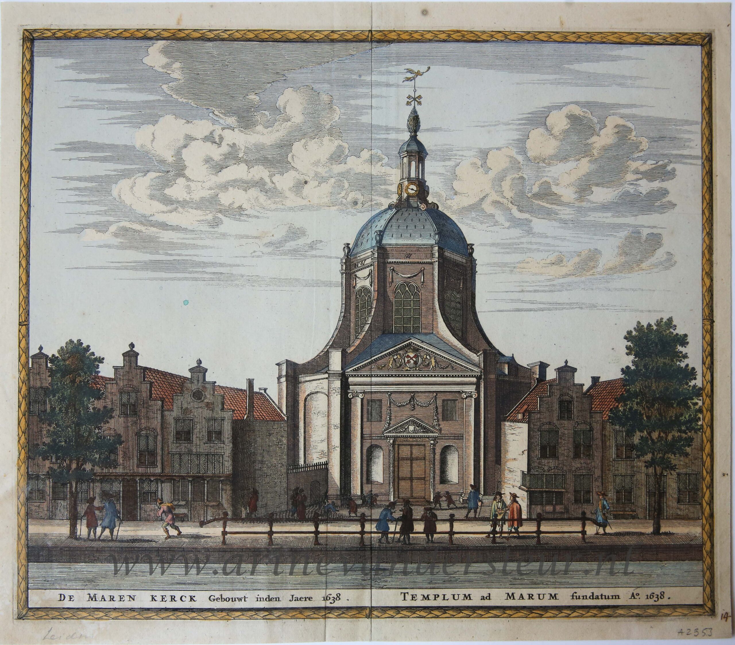 [Antique print, handcolored engraving, Leiden] DE MAREN KERCK in Leiden, published ca. 1675.