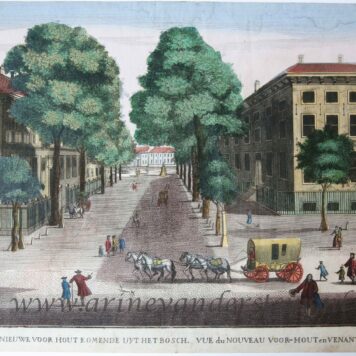 [Antique print, handcolored etching, The Hague] Gesight van het Nieuwe Voor hout komende uyt het Bosch (Nieuwe Voorhout in Den Haag), published ca. 1770.