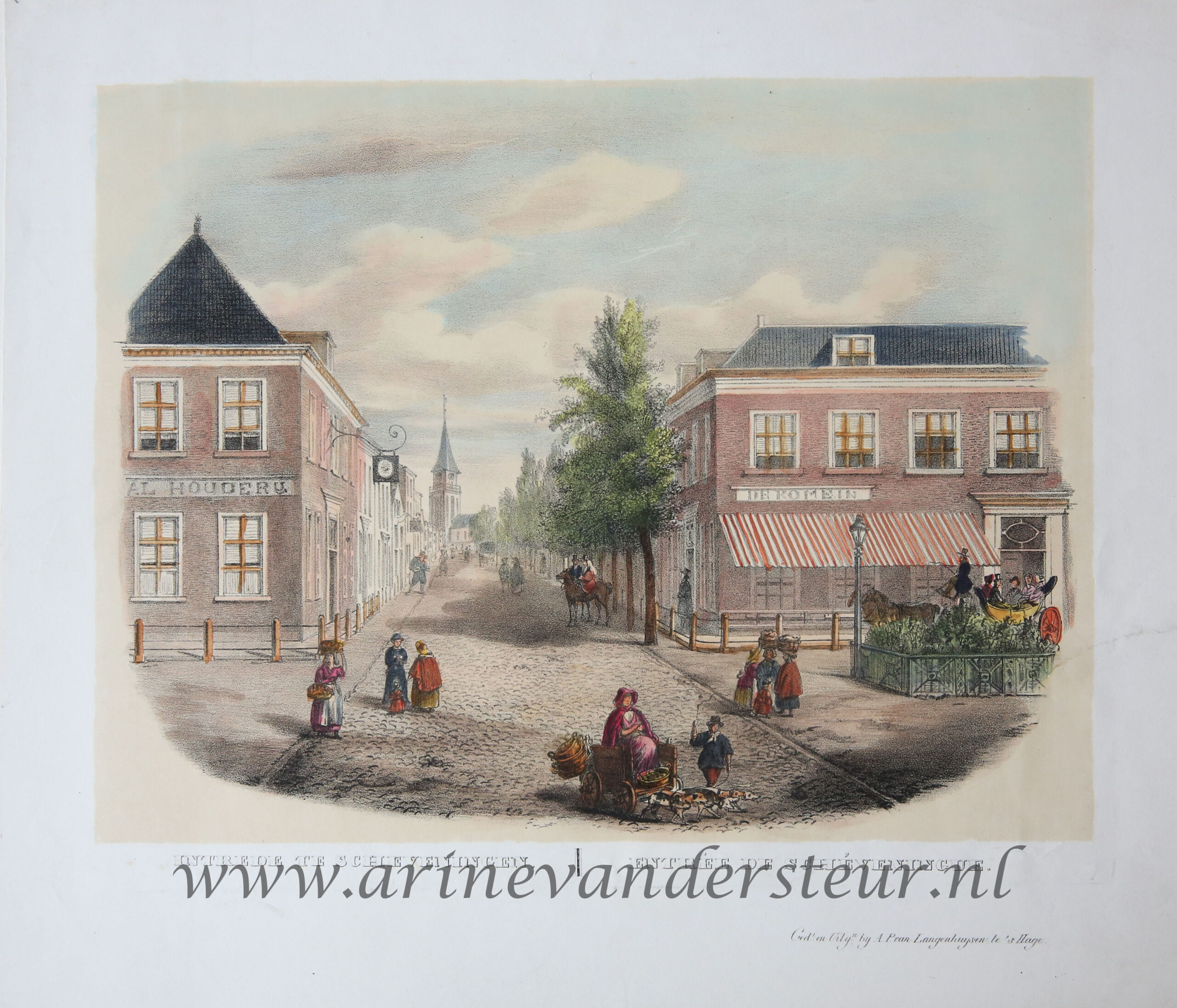  - [Antique print, colored lithograph, Scheveningen] Intrede te Scheveningen / Entre de Schveningue, published before 1844.