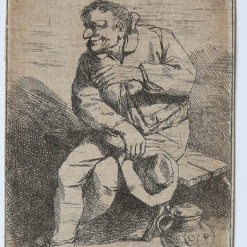 [Antique print, etching] Sitting man with his hat in his right hand (zittende man met mok in de hand), published ca. 1650.