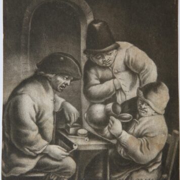 [Antique print, mezzotint] Three peasants in an inn (drie boeren in een pub), published ca. 1680-1720.
