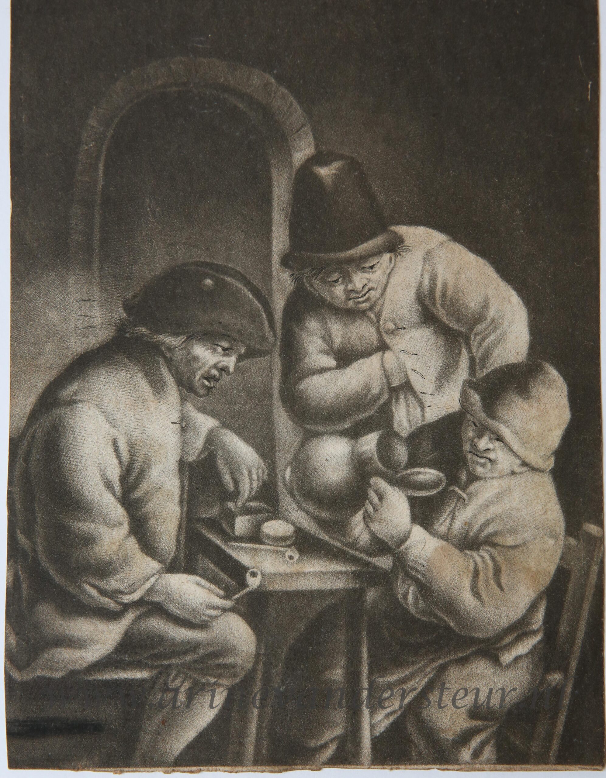 Anonymous 17th century - [Antique print, mezzotint] Three peasants in an inn (drie boeren in een pub), published ca. 1680-1720.