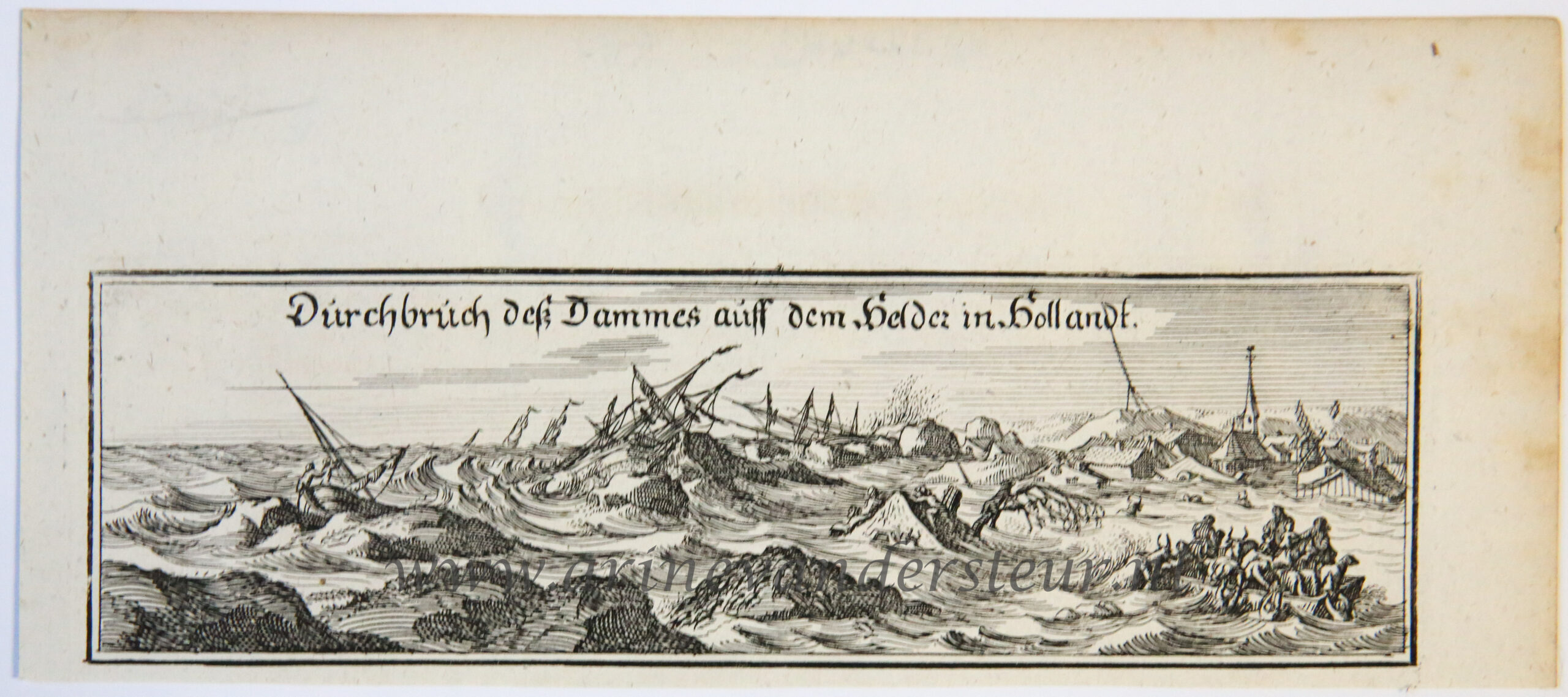 Anonymous 17th century - [Antique print, etching and engraving,oude prent Den Helder] The breaking of the dike at Den Helder, published 1675.