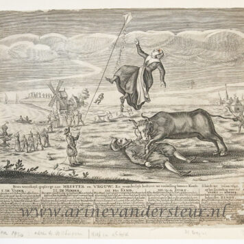 [Antique print, engraving, satirical print] The cruelty of the bull / De Wreedheid van de stier, 1647, published 18th century.