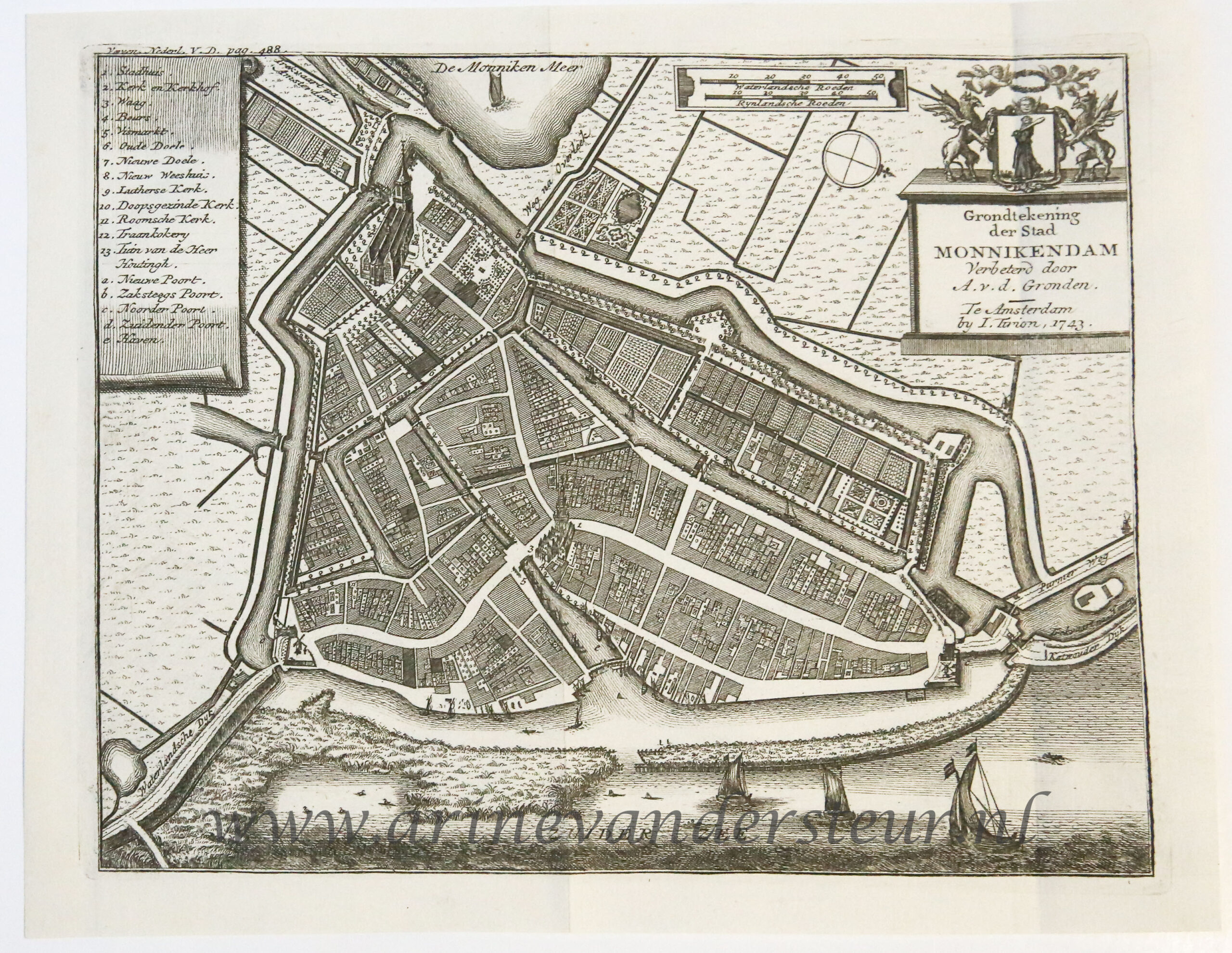  - [Antique print; cartography, oude prent Monneckendam] Grondtekening der Stad MONNIKENDAM, published 1743.