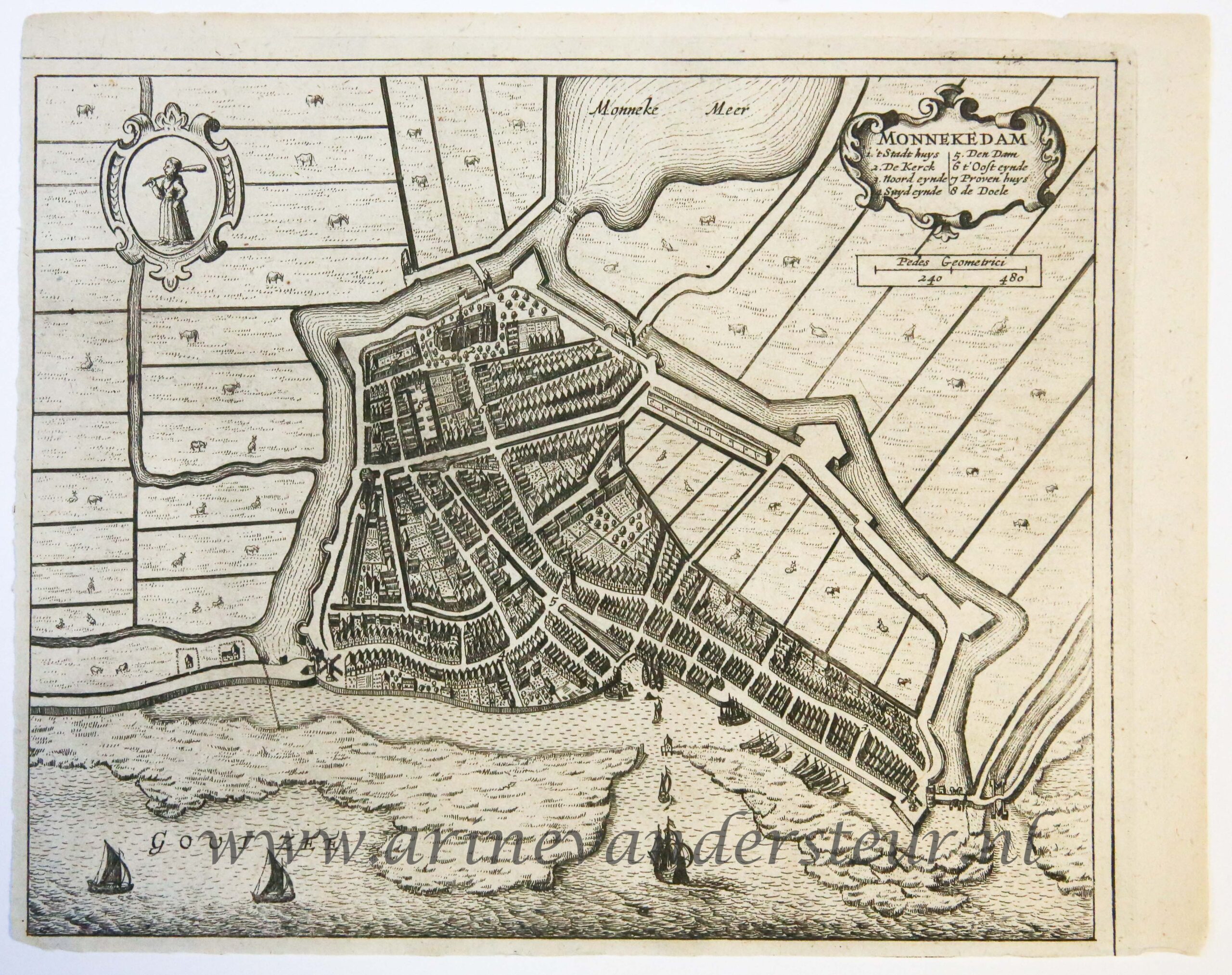  - [Antique print; cartography, oude prent Monnikendam] MONNEKEDAM, published 1652.