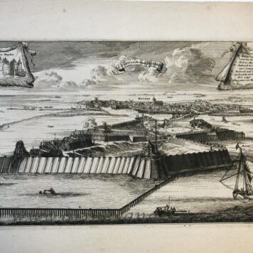 [Antique print; etching, oude prent Muiden] t' Slot en de Stadt Muyden, published ca. 1660-1685.