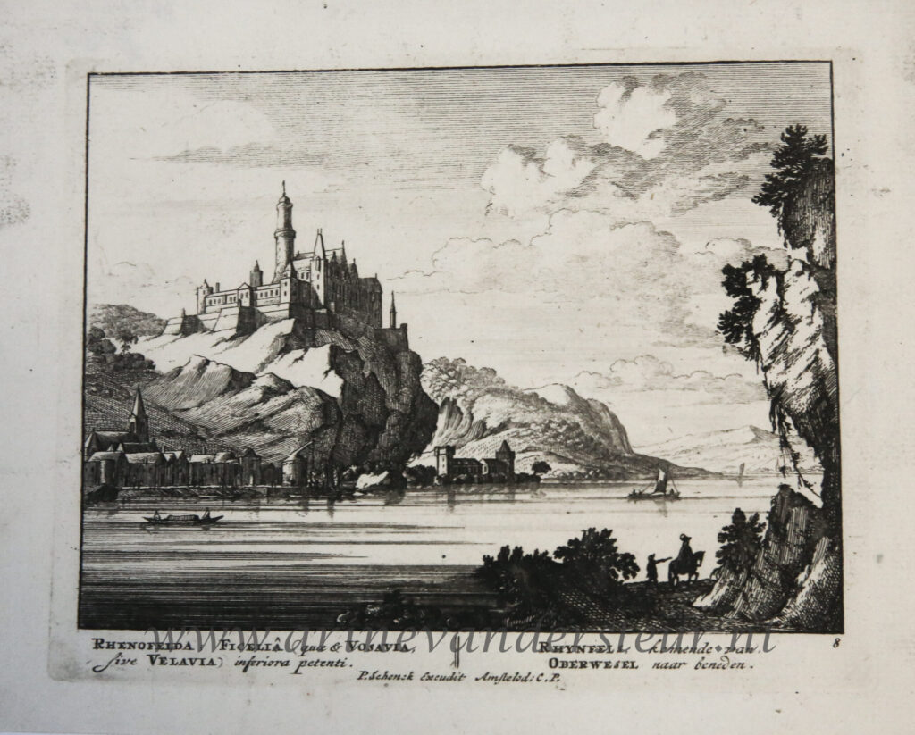 [Antique print, etching] The river Rhine with the village of Oberwesel and the Castle Rheinfels, published ca. 1670.