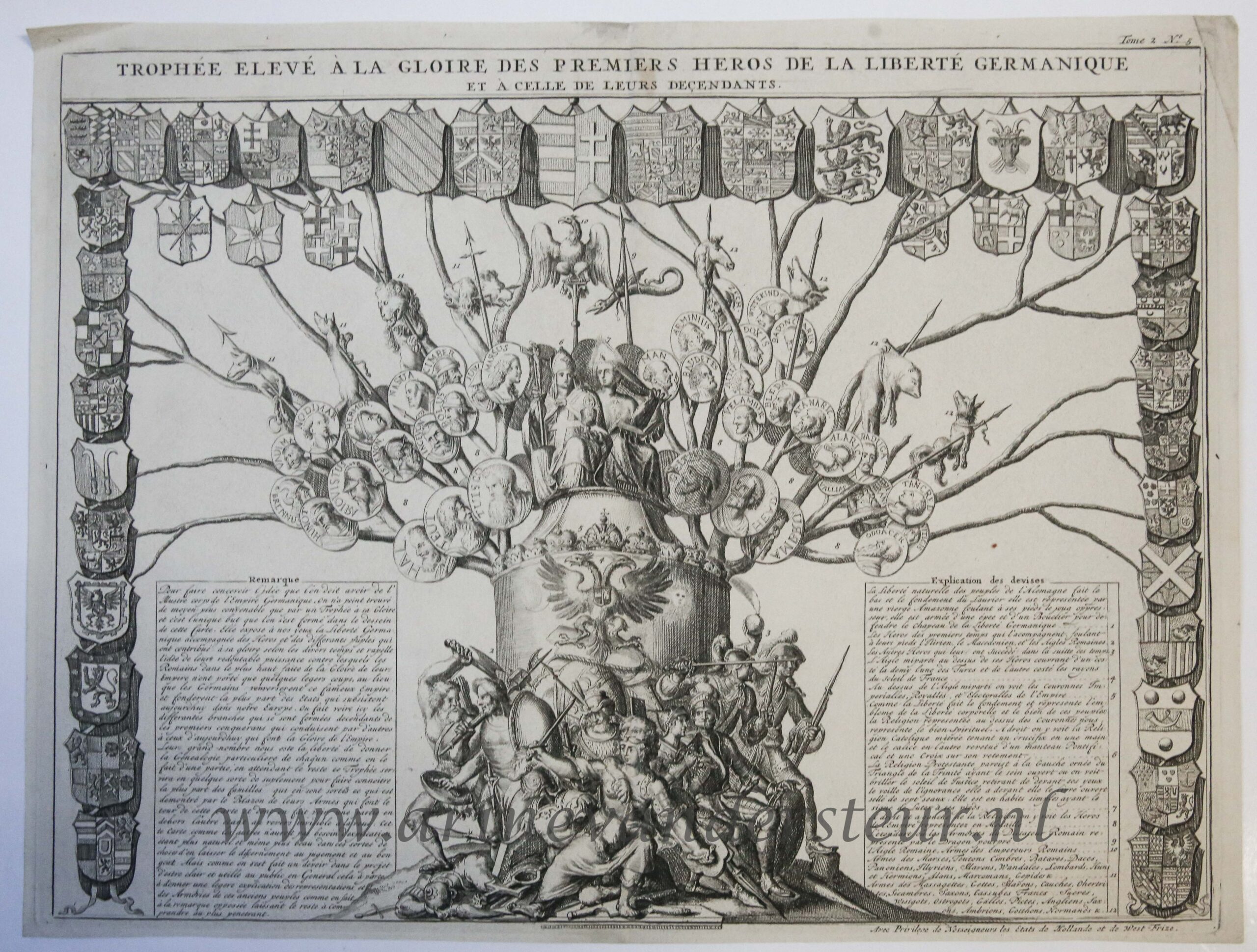 Henri Abraham Chatelain (1684-1743) - [Antique print, engraving, Germany] Trophee eleve a la gloire des premiers heros de la liberte Germanique, published ca. 1705-1720.