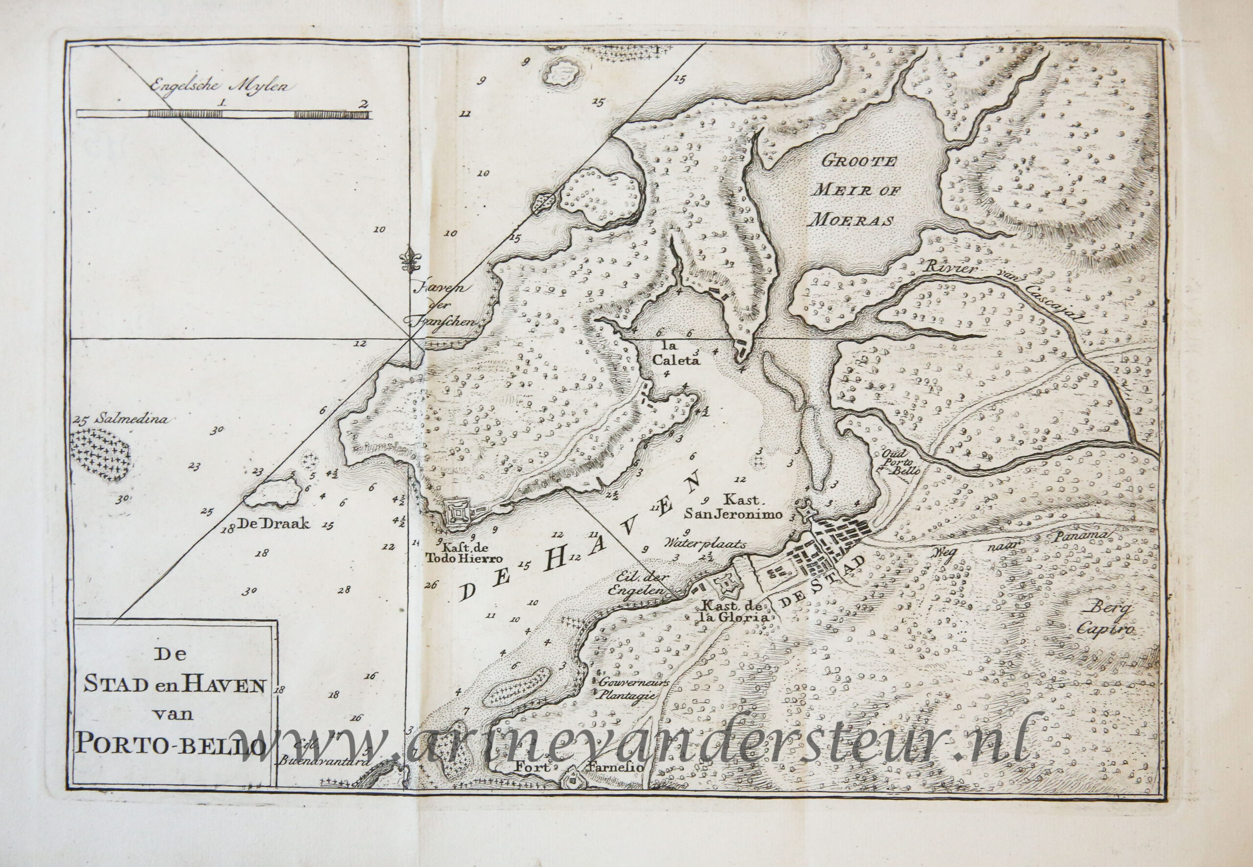 [Antique print, cartography] De Stad en Haven (harbour) van PORTO-BELLO (Panama), published 1765.