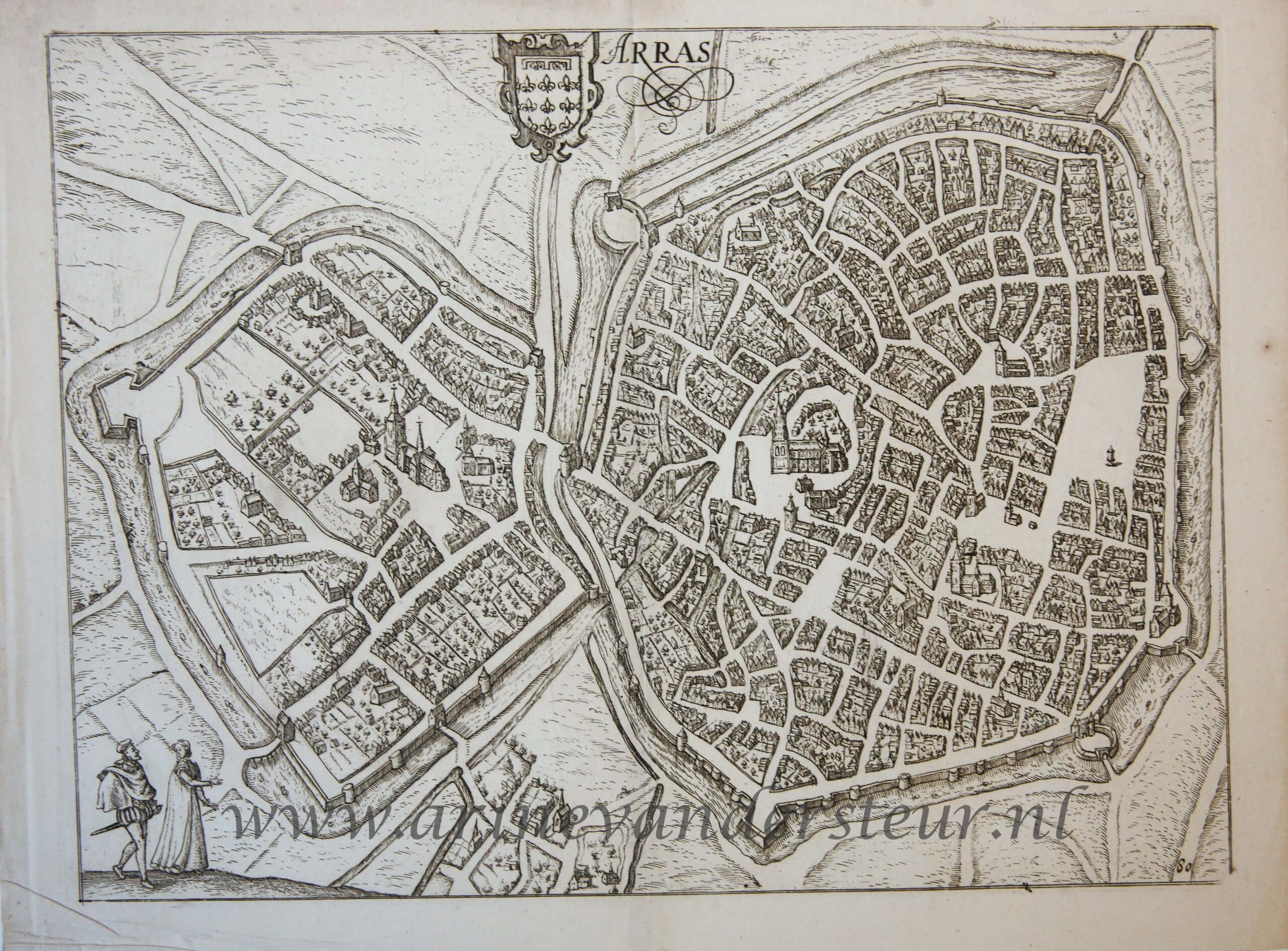 [Antique print, cartography] Arras, published ca. 1610.