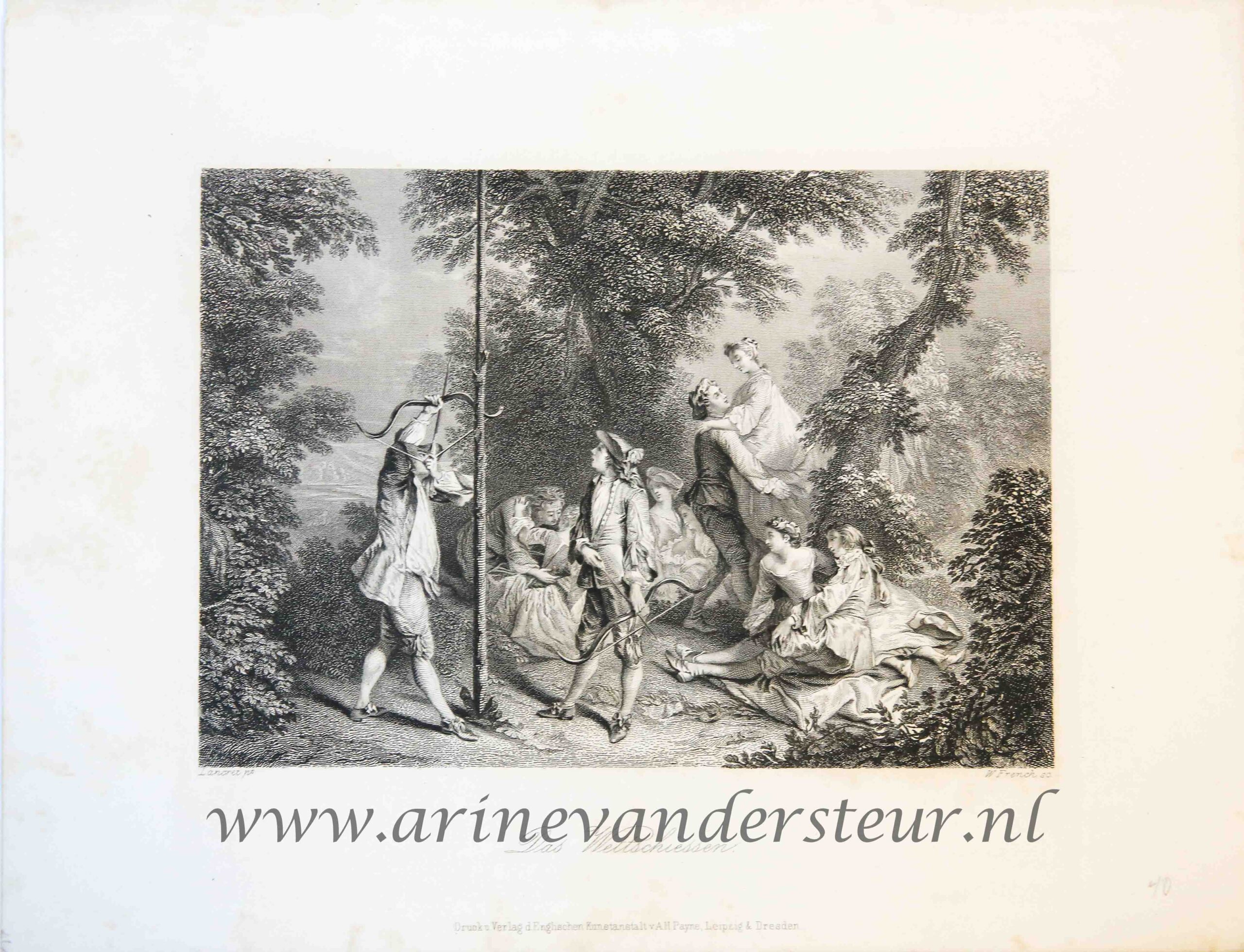  - [Antique print, wedden, bets, bow and arrow, engraving] Das Wettschiessen. published ca. 1850.