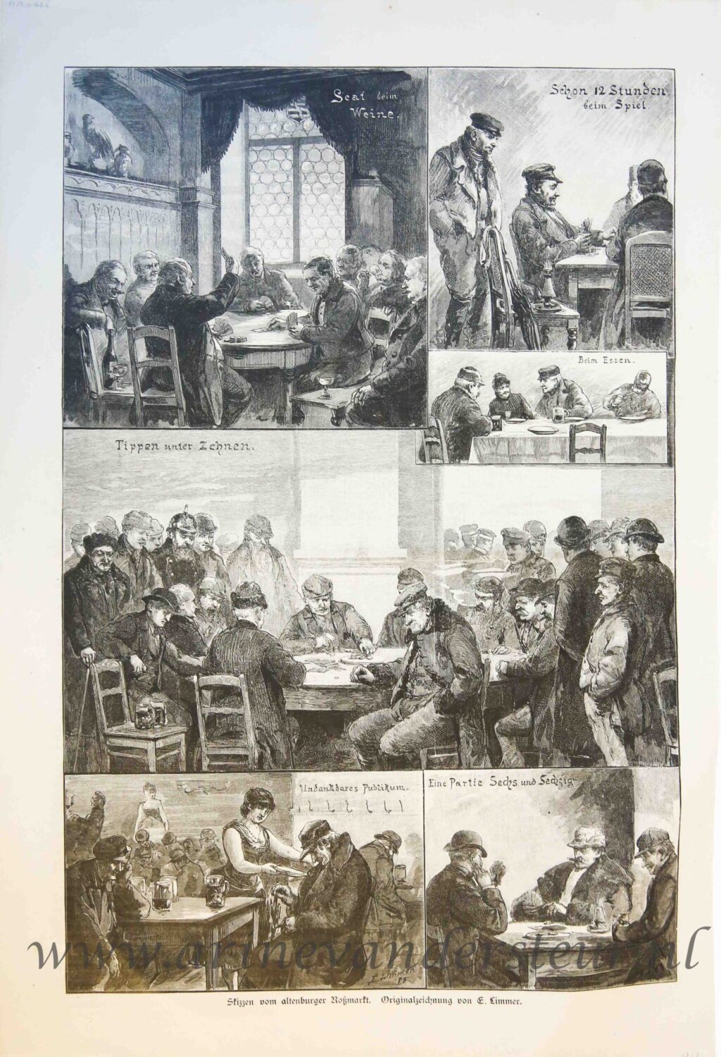 [Antique print, Drinking, dranken, wood engraving] Scenes in different inns, published 1885.