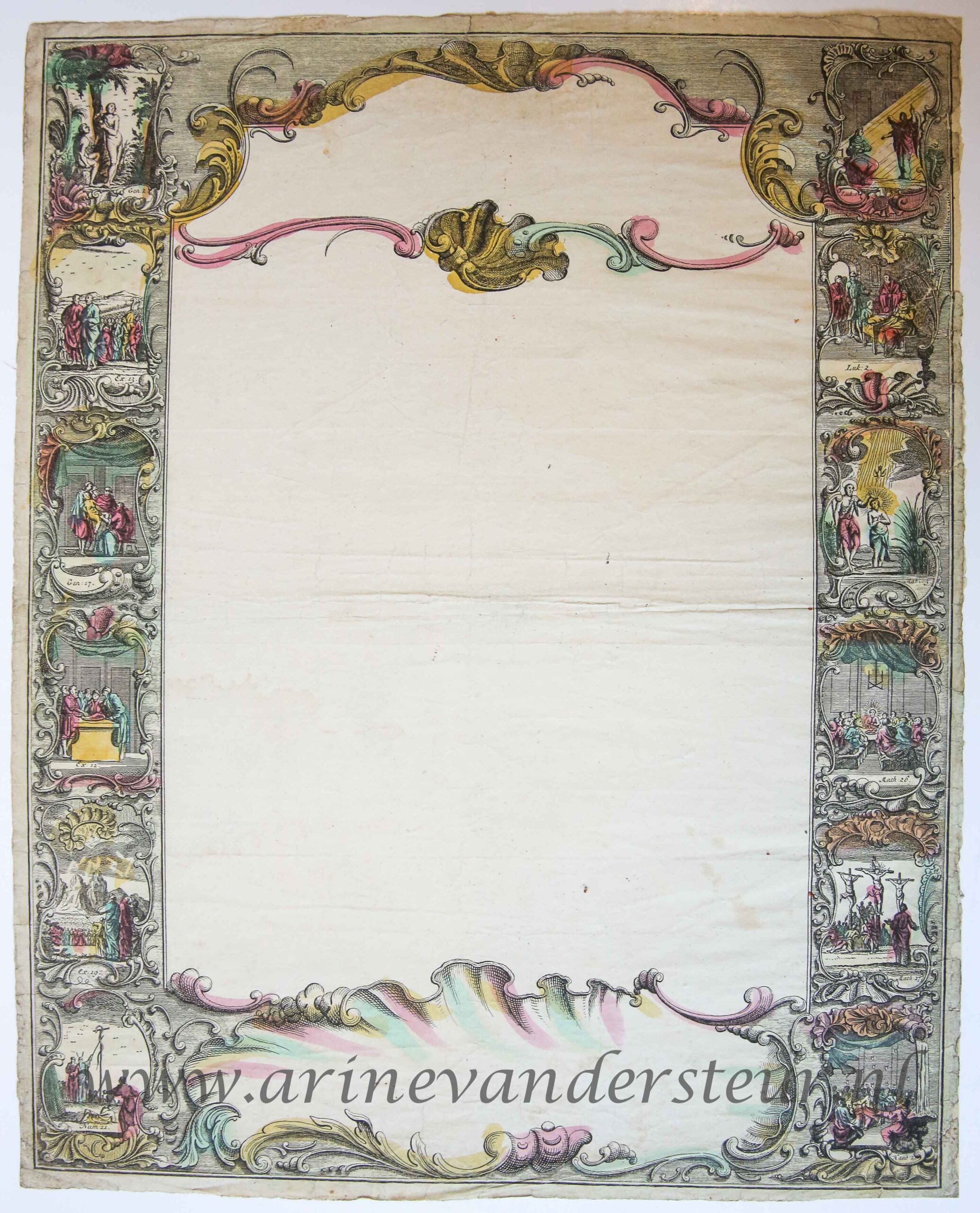 [Nieuwjaarswensch / New Year Wishes, 1790] Blank decorative card with scenes from the Old and New Testament, published ca. 1750-1790, 1 p.